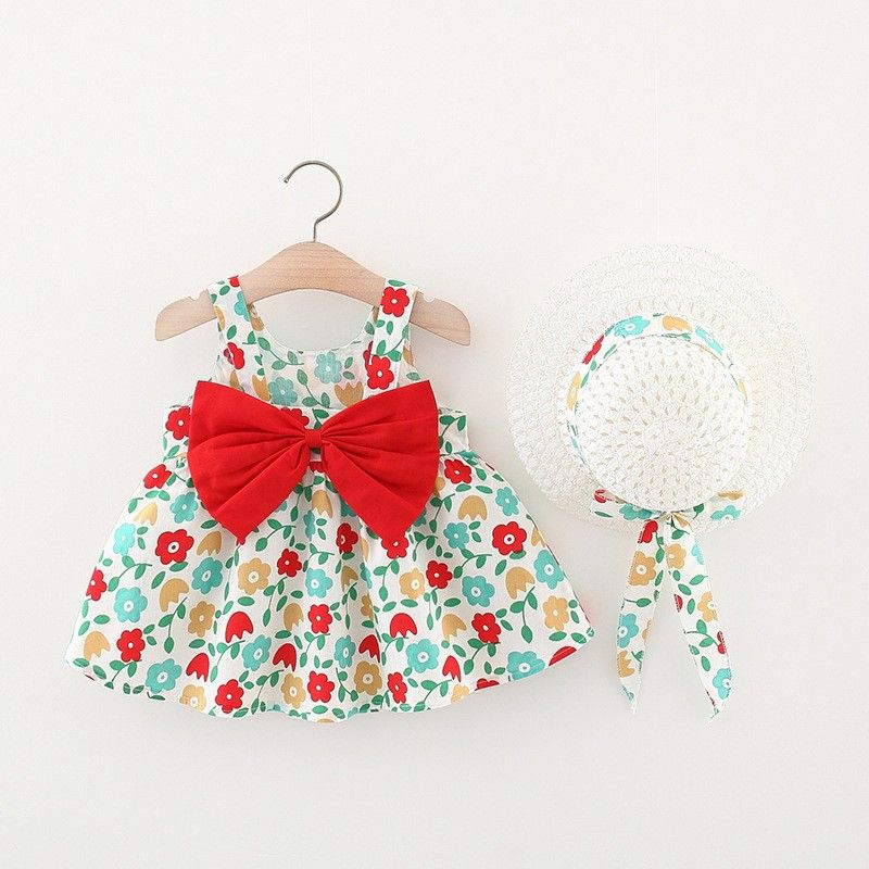 Girls' Clothing Baby Girl Vest Skirt Princess Skirt Dress Bow Floral Skirt Including Hat Set 2-Piece Set Bow Hat Round Woven Hat Fashionable New Style
