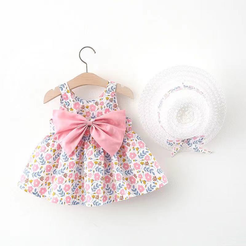 Girls' Clothing Baby Girl Vest Skirt Princess Skirt Dress Bow Floral Skirt Including Hat Set 2-Piece Set Bow Hat Round Woven Hat Fashionable New Style