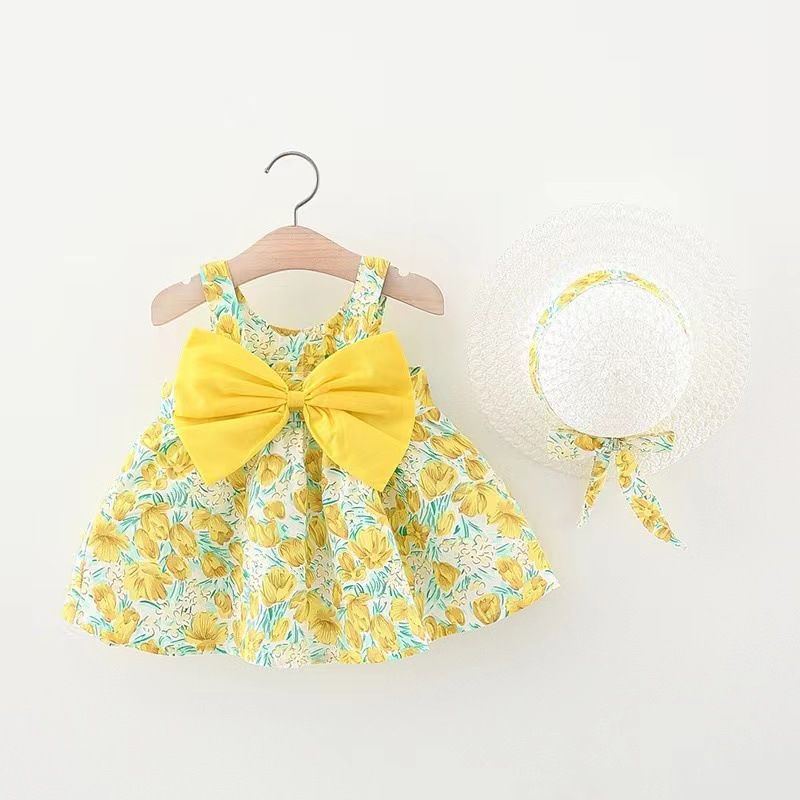 Girls' Clothing Baby Girl Vest Skirt Princess Skirt Dress Bow Floral Skirt Including Hat Set 2-Piece Set Bow Hat Round Woven Hat Fashionable New Style