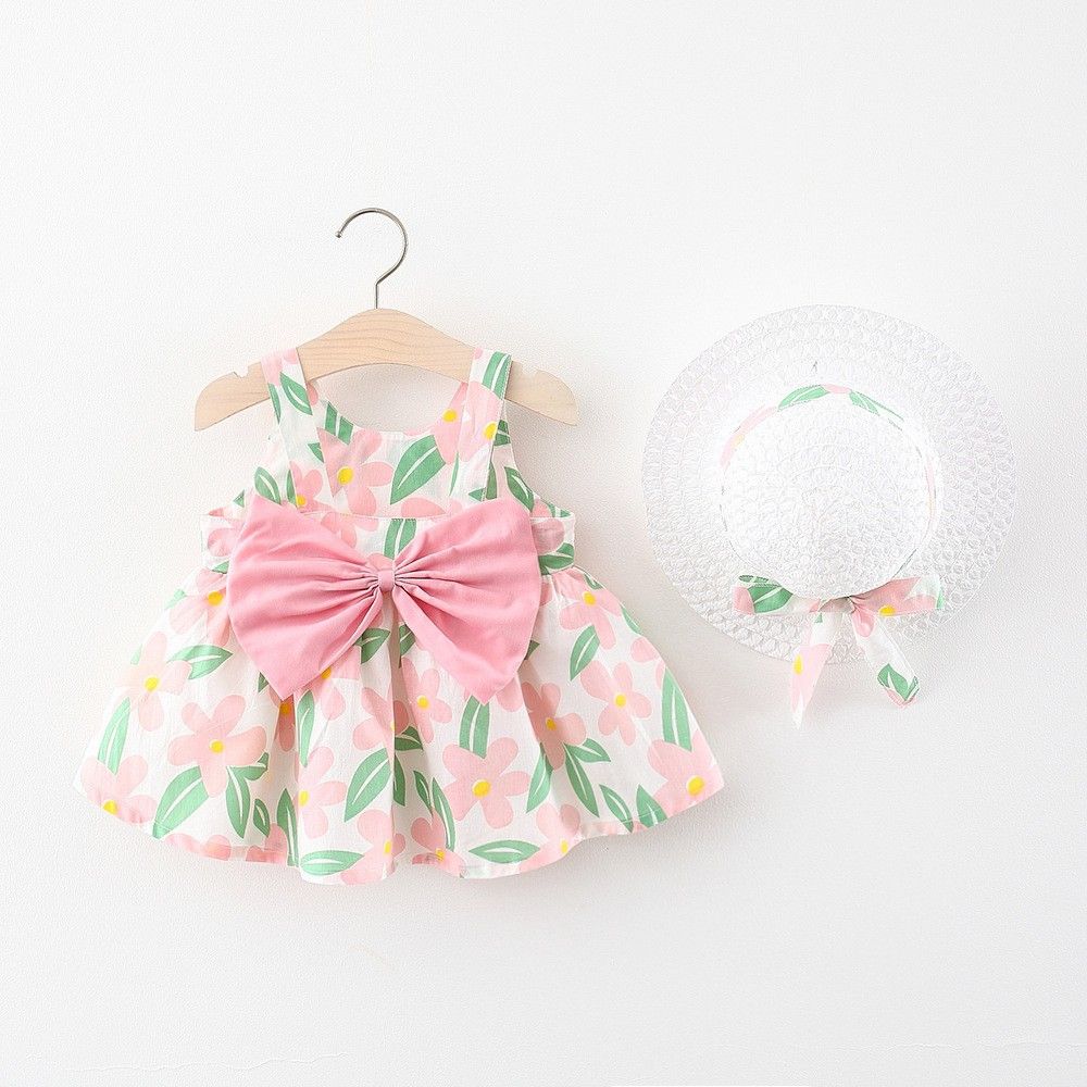 Girls' Clothing Baby Girl Vest Skirt Princess Skirt Dress Bow Floral Skirt Including Hat Set 2-Piece Set Bow Hat Round Woven Hat Fashionable New Style