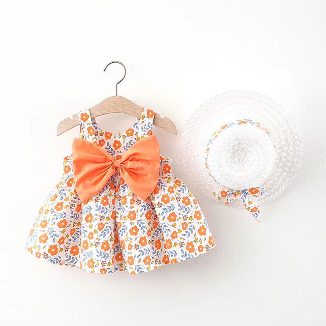 Girls' Clothing Baby Girl Vest Skirt Princess Skirt Dress Bow Floral Skirt Including Hat Set 2-Piece Set Bow Hat Round Woven Hat Fashionable New Style