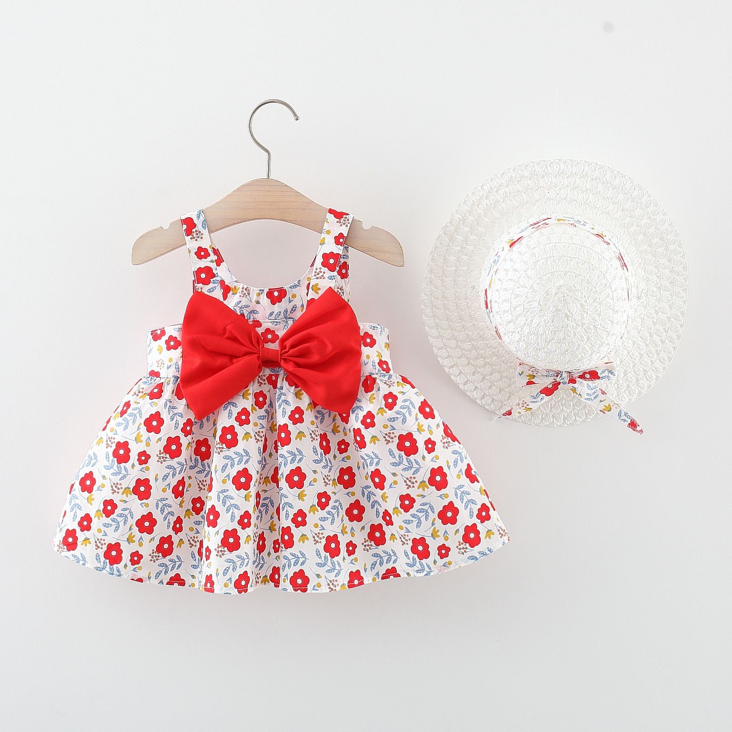 Girls' Clothing Baby Girl Vest Skirt Princess Skirt Dress Bow Floral Skirt Including Hat Set 2-Piece Set Bow Hat Round Woven Hat Fashionable New Style