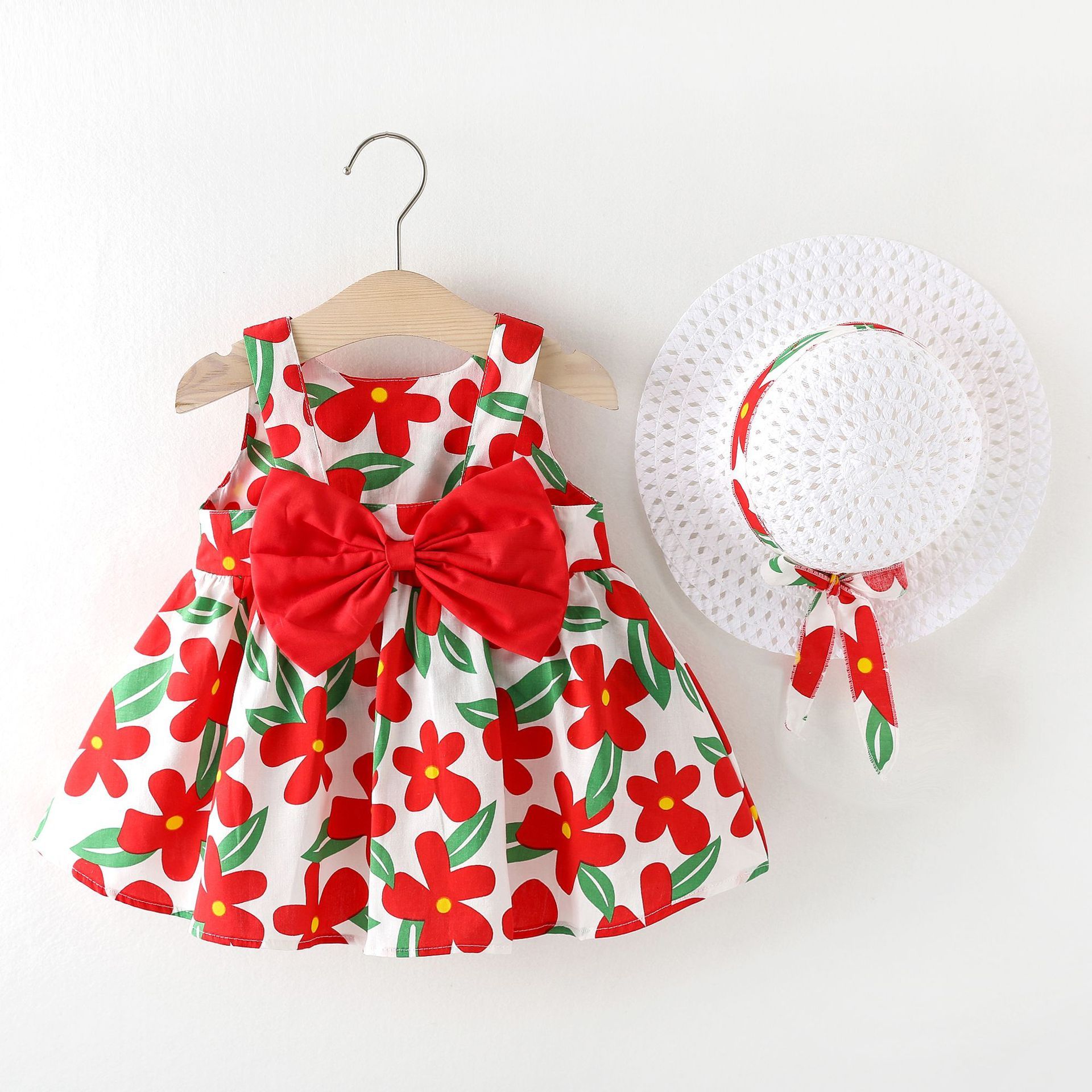 Girls' Clothing Baby Girl Vest Skirt Princess Skirt Dress Bow Floral Skirt Including Hat Set 2-Piece Set Bow Hat Round Woven Hat Fashionable New Style