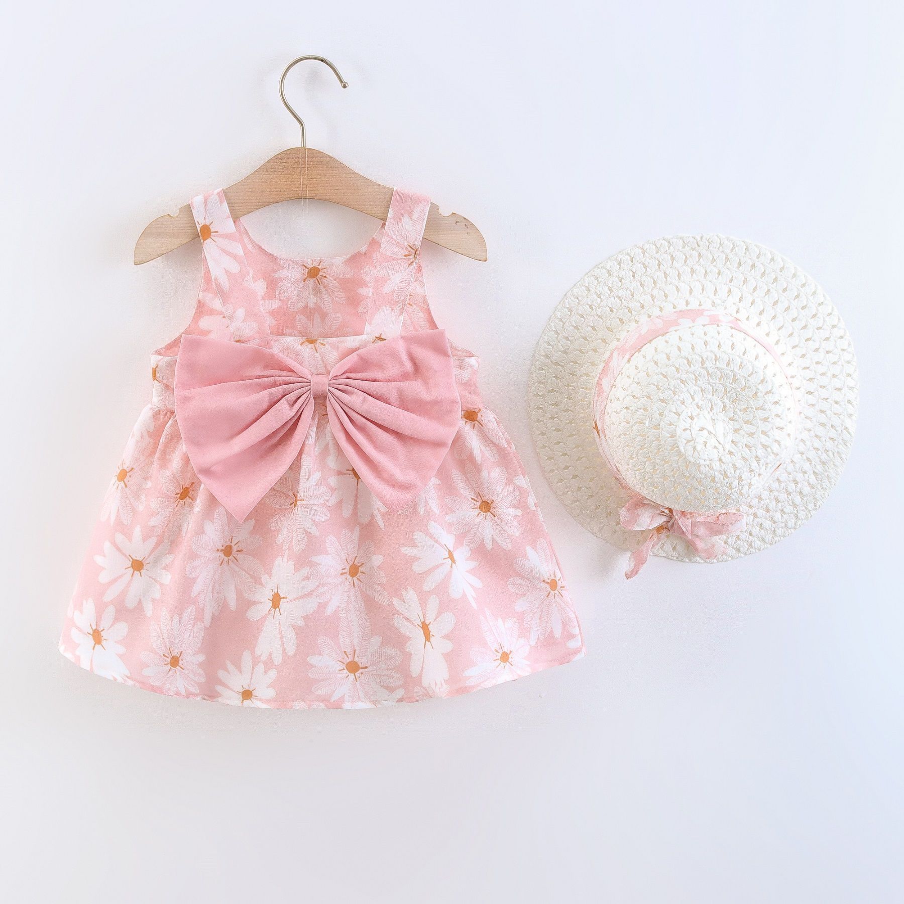 Girls' Clothing Baby Girl Vest Skirt Princess Skirt Dress Bow Floral Skirt Including Hat Set 2-Piece Set Bow Hat Round Woven Hat Fashionable New Style