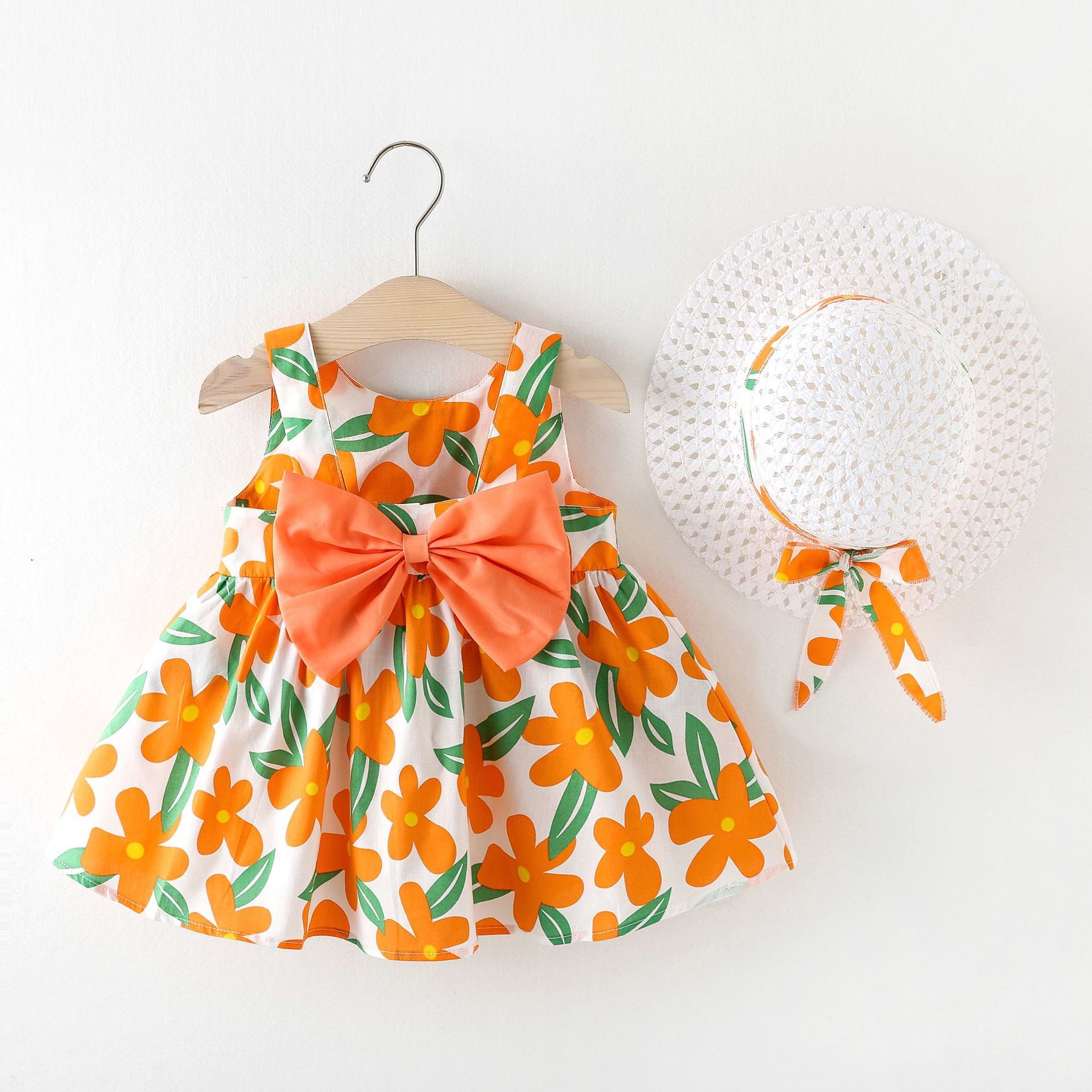 Girls' Clothing Baby Girl Vest Skirt Princess Skirt Dress Bow Floral Skirt Including Hat Set 2-Piece Set Bow Hat Round Woven Hat Fashionable New Style