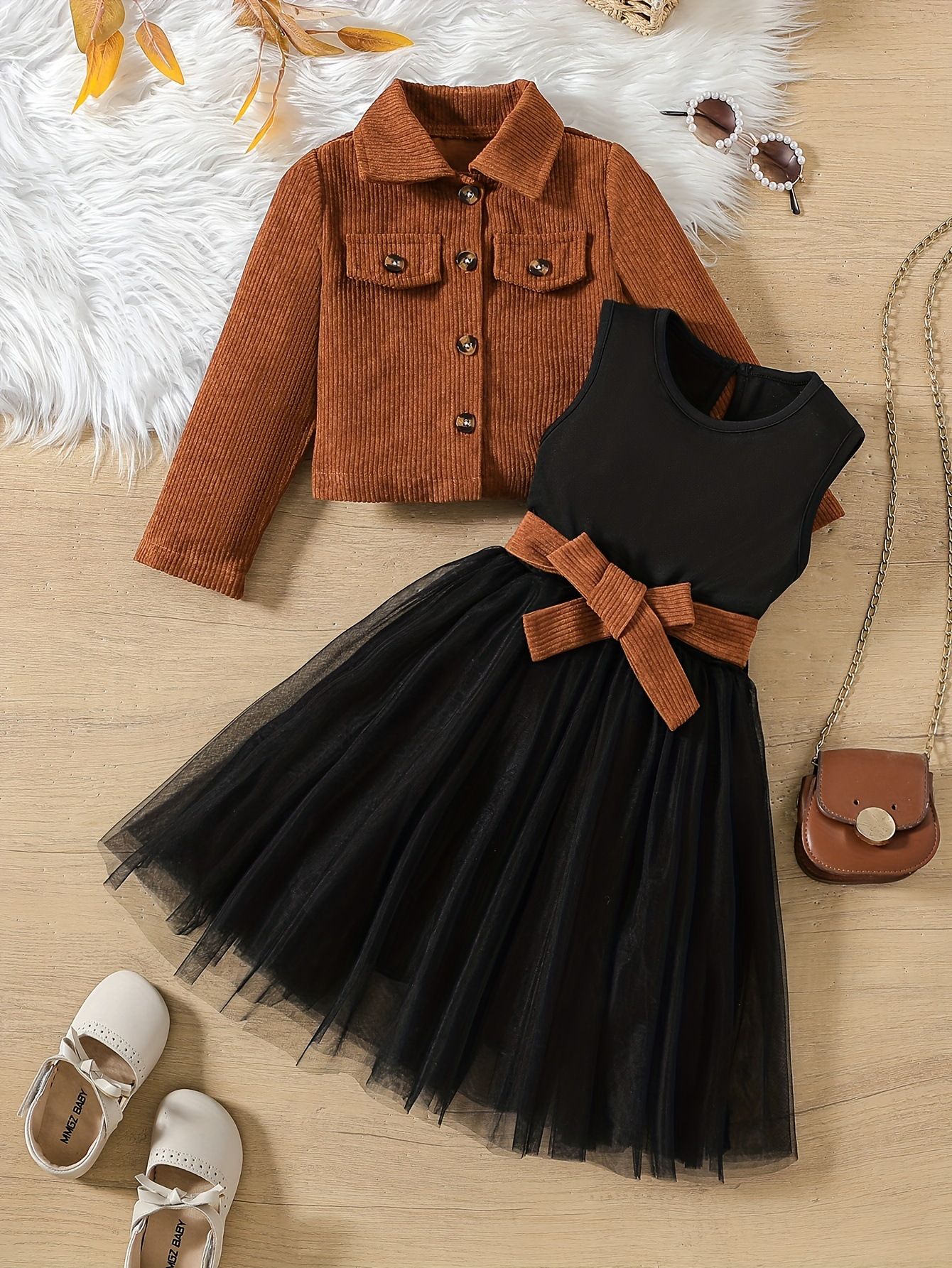Girls' Clothing Children's Clothing Long Sleeved Tops Autumn And Winter New Styles Fashionable And High-end Sense Corduroy Jacket Skirt Set Vest Mesh Skirt Two-piece Set Set