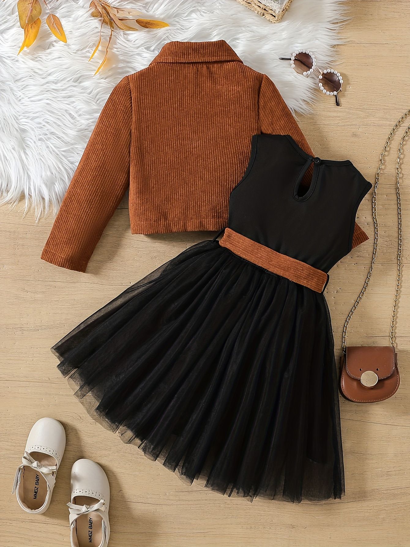 Girls' Clothing Children's Clothing Long Sleeved Tops Autumn And Winter New Styles Fashionable And High-end Sense Corduroy Jacket Skirt Set Vest Mesh Skirt Two-piece Set Set