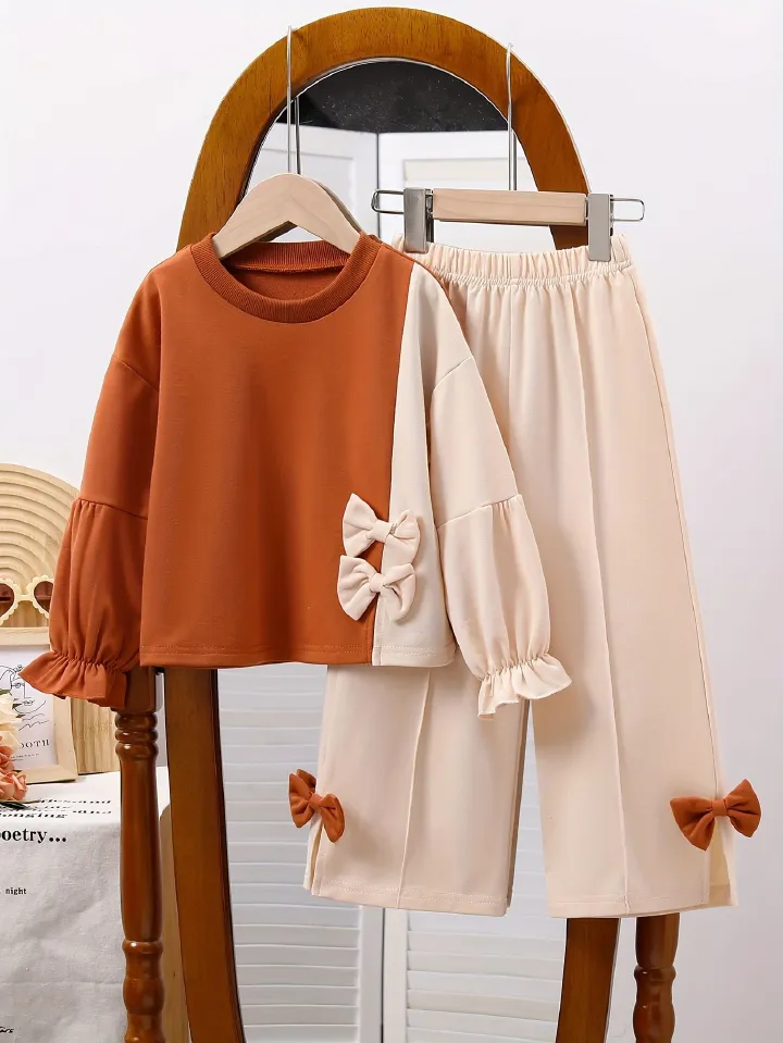 Girls' Clothing Children's Clothing Long Sleeved Tops Autumn And Winter New Styles Fashionable And High-end Sense Contrasting Hoodie Bow Tie Splicing Loose Round Neck Wide Leg Pants Two-piece Set