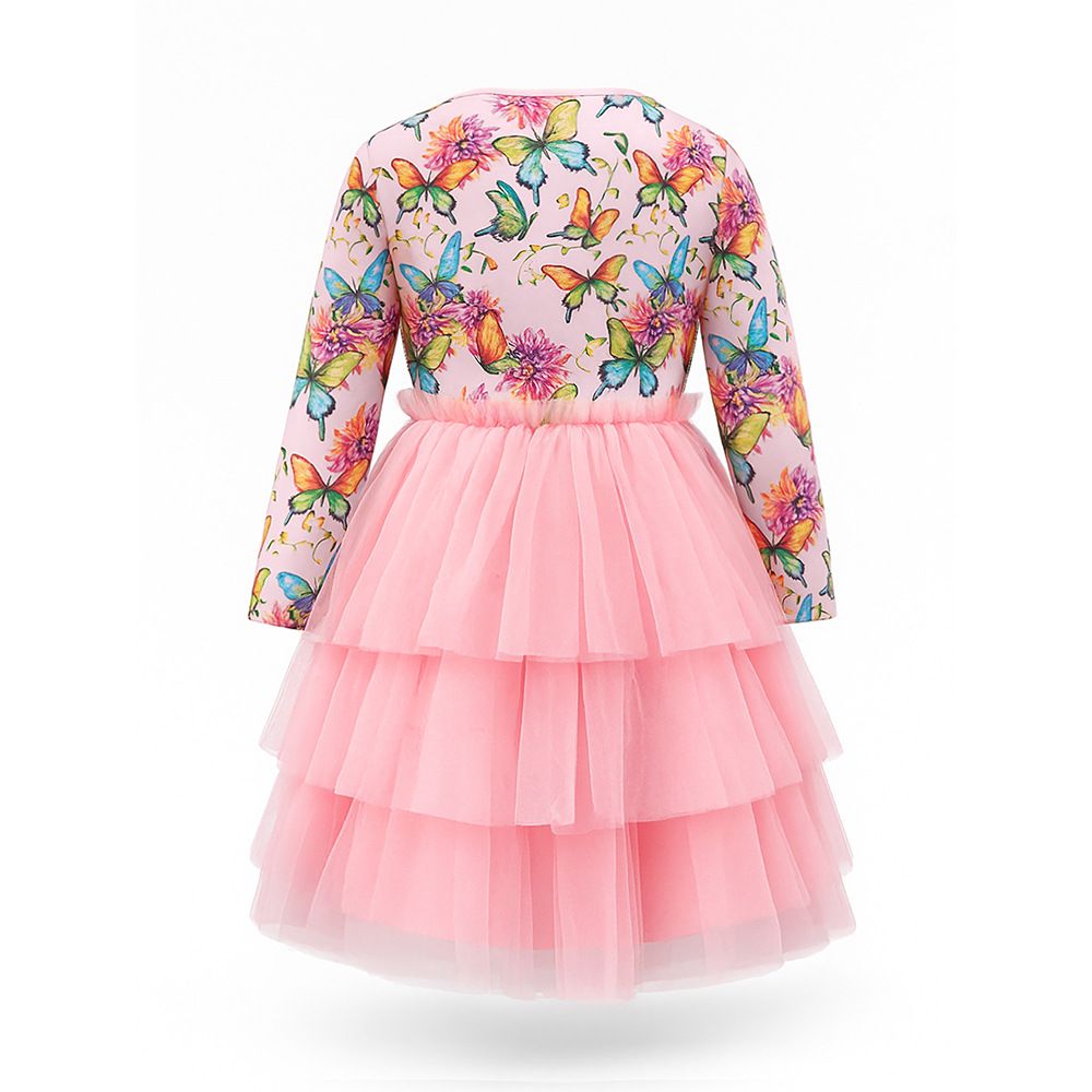 Girls Long Sleeve Butterfly Print Tulle Dress Kids Princess Cake Dress Slim Fit Party Dress