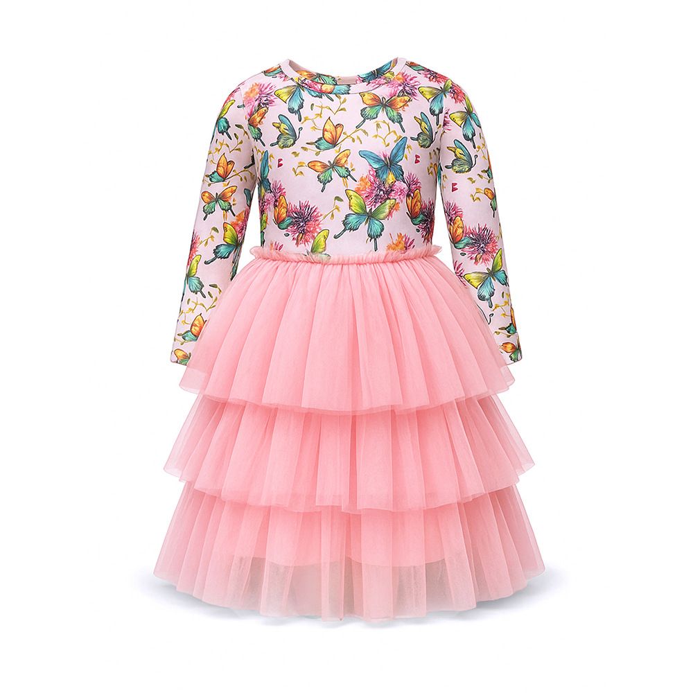 Girls Long Sleeve Butterfly Print Tulle Dress Kids Princess Cake Dress Slim Fit Party Dress