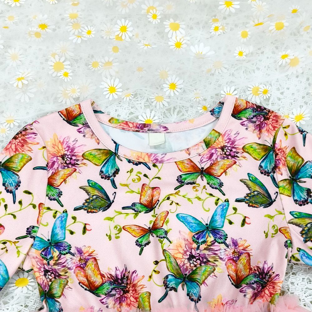 Girls Long Sleeve Butterfly Print Tulle Dress Kids Princess Cake Dress Slim Fit Party Dress
