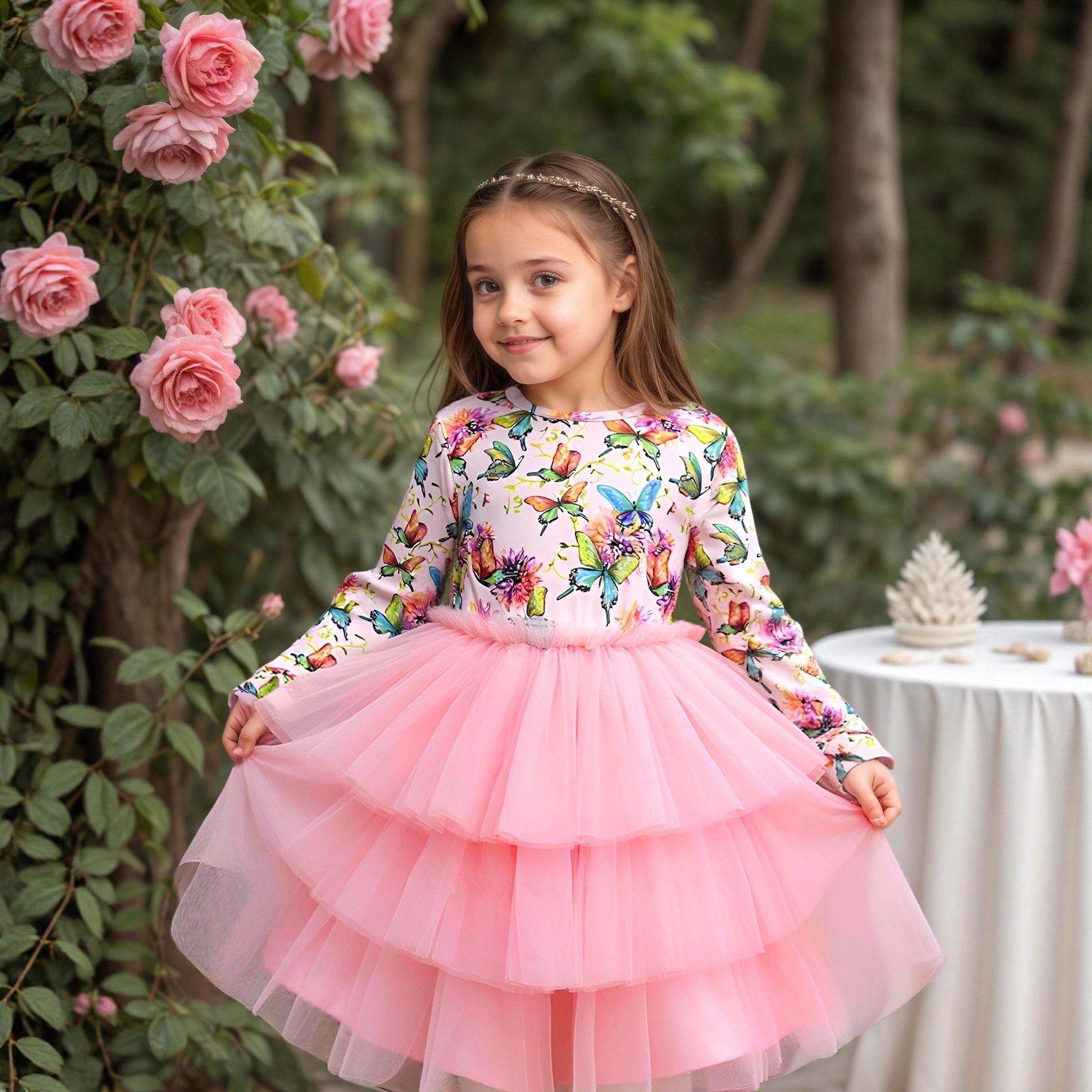 Girls Long Sleeve Butterfly Print Tulle Dress Kids Princess Cake Dress Slim Fit Party Dress