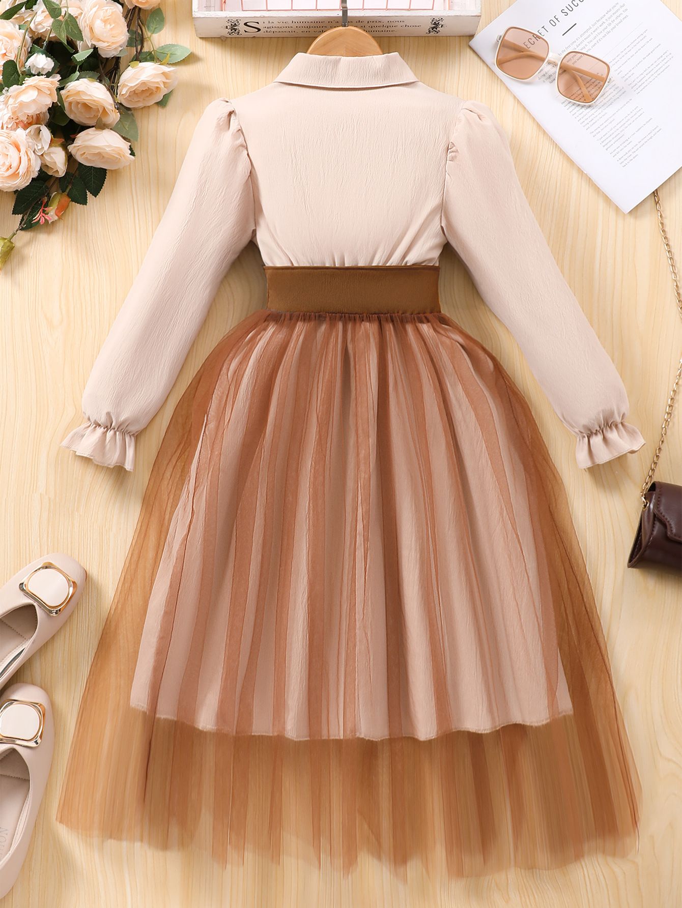 Girls' Clothing Dress Long Sleeved Lapel Fashionable New Style Patchwork Dress Mesh Style High-end Style Princess Dress