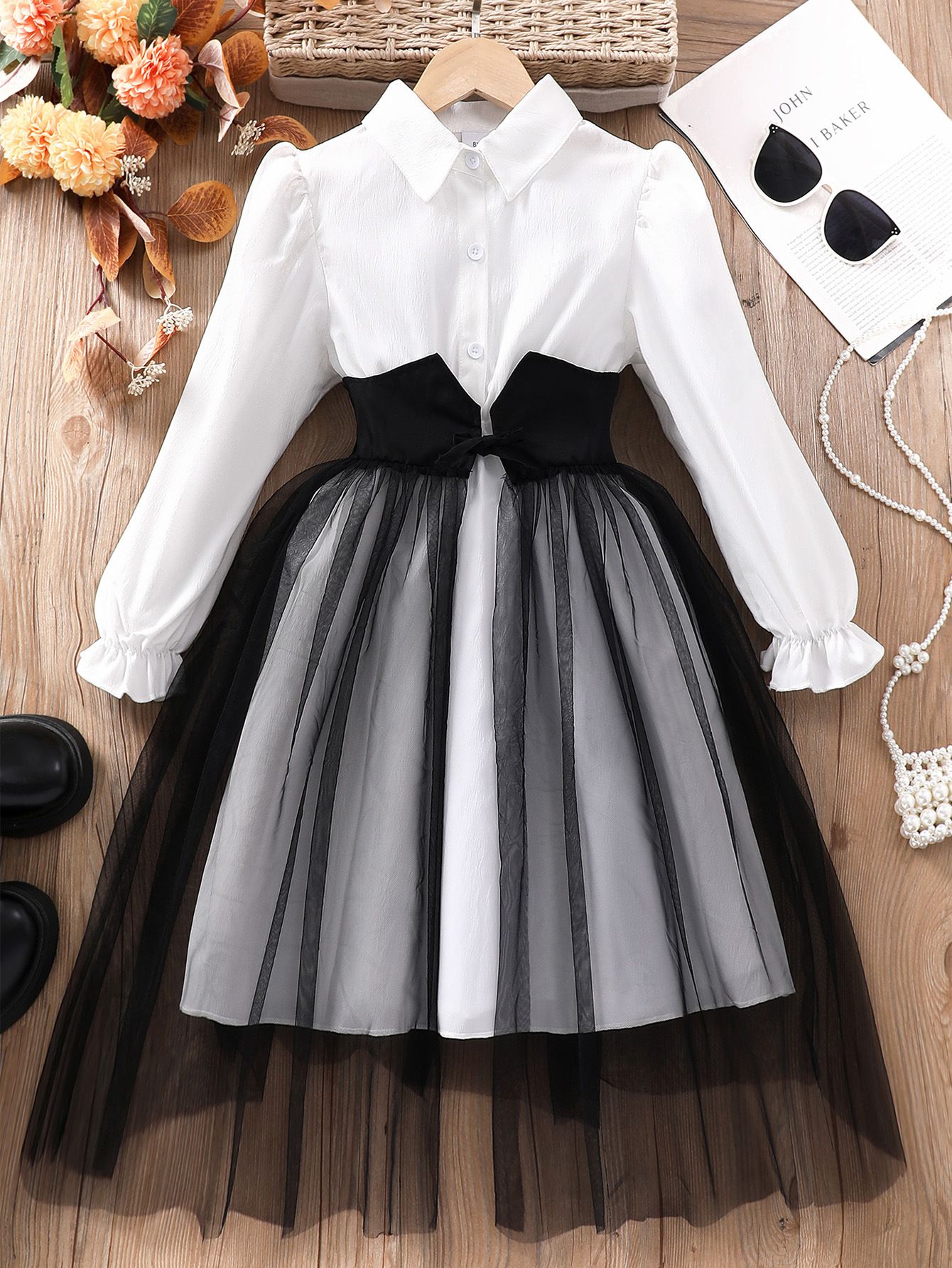 Girls' Clothing Dress Long Sleeved Lapel Fashionable New Style Patchwork Dress Mesh Style High-end Style Princess Dress