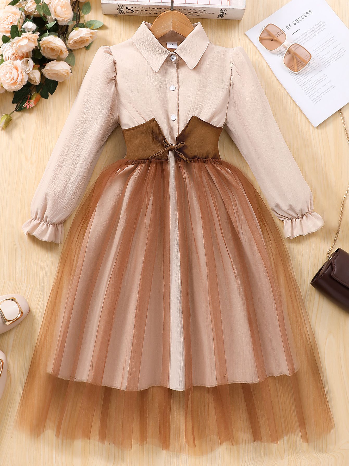 Girls' Clothing Dress Long Sleeved Lapel Fashionable New Style Patchwork Dress Mesh Style High-end Style Princess Dress