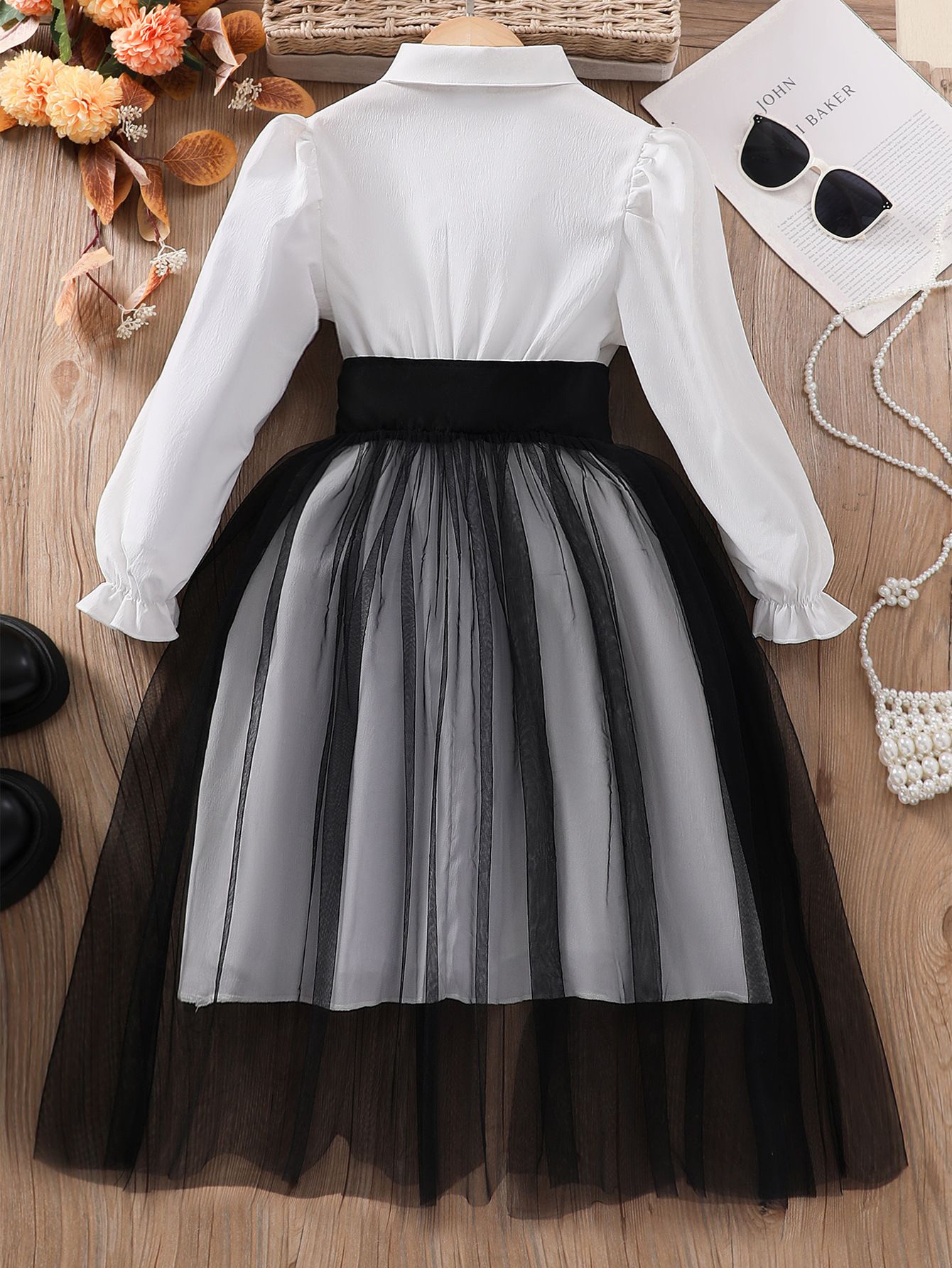 Girls' Clothing Dress Long Sleeved Lapel Fashionable New Style Patchwork Dress Mesh Style High-end Style Princess Dress