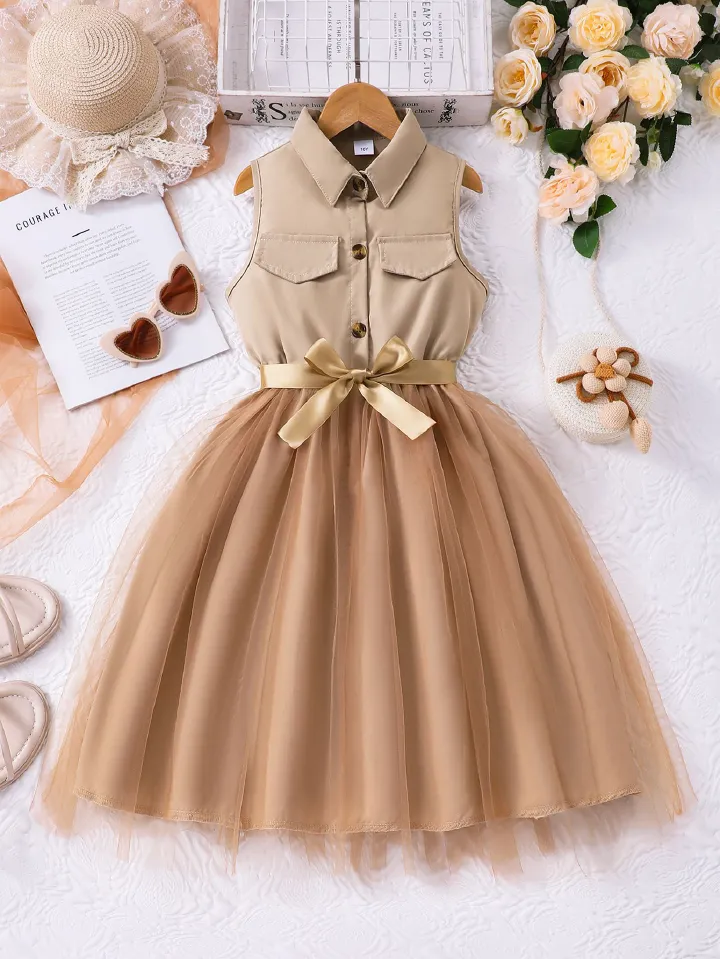 Girls' Clothing Dress Long Sleeved Lapel Fashionable New Style Including Woven Waistband Solid Color Dress Mesh Style High-end Style Dress Set