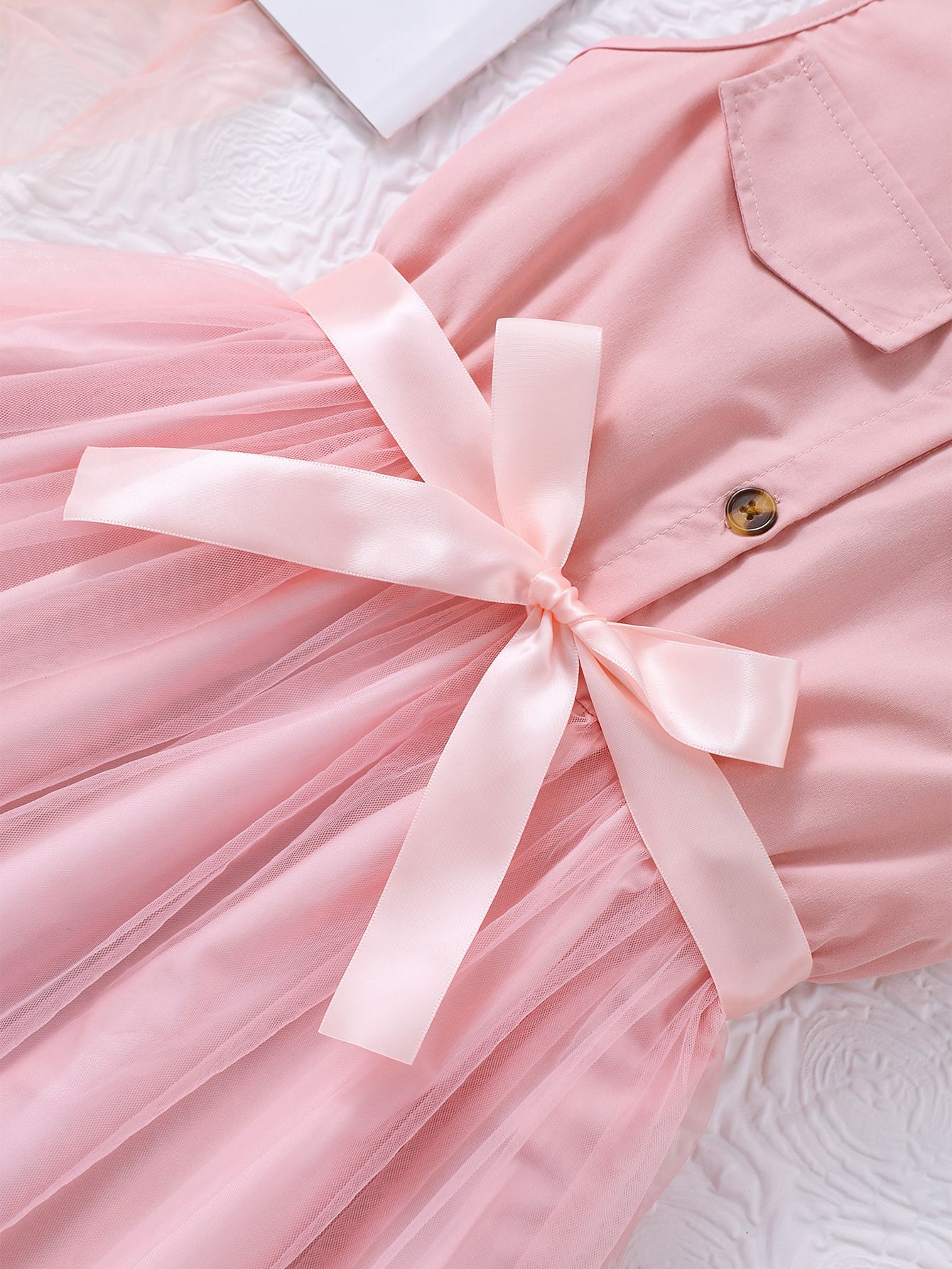 Girls' Clothing Dress Long Sleeved Lapel Fashionable New Style Including Woven Waistband Solid Color Dress Mesh Style High-end Style Dress Set