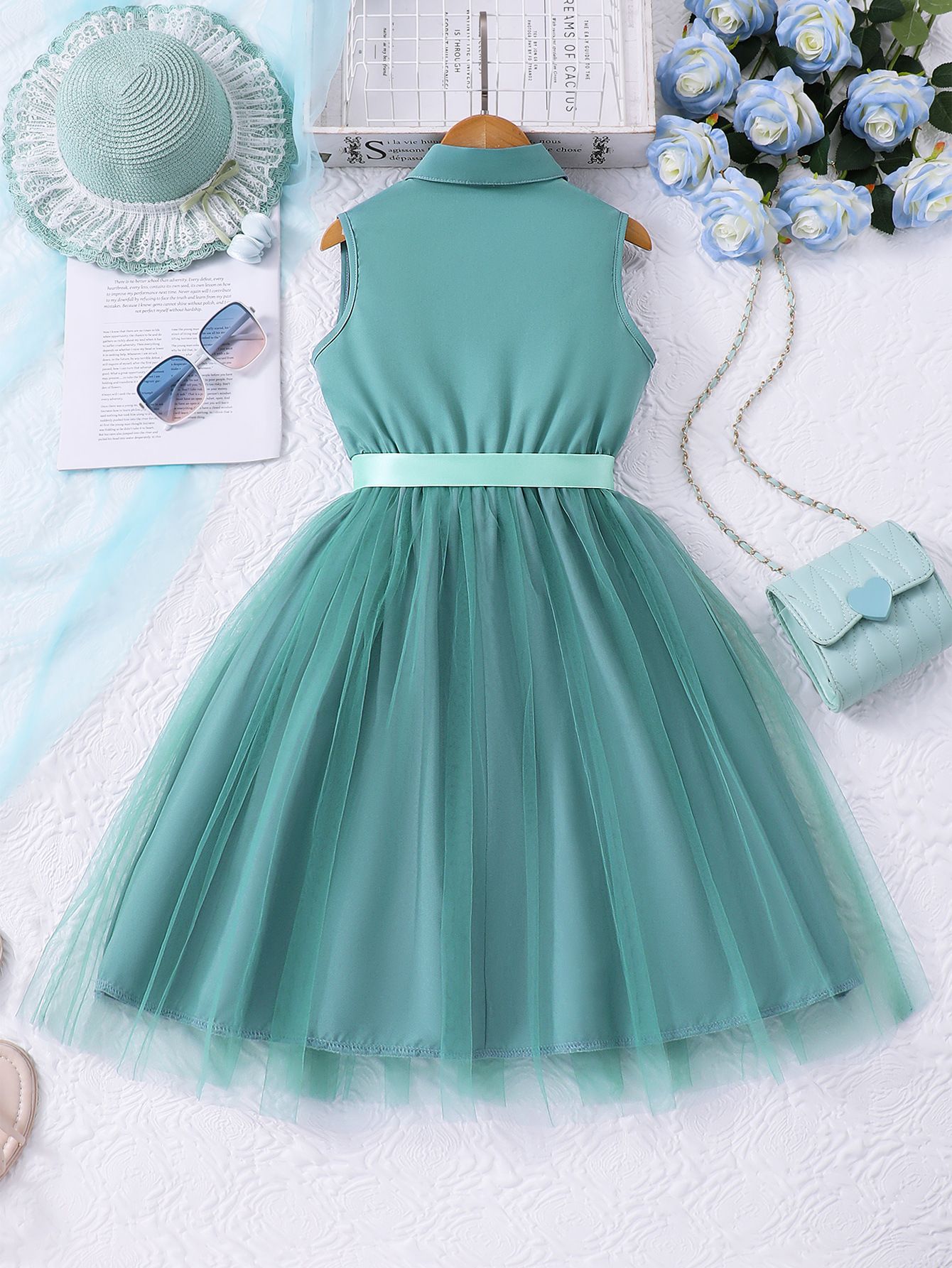 Girls' Clothing Dress Long Sleeved Lapel Fashionable New Style Including Woven Waistband Solid Color Dress Mesh Style High-end Style Dress Set