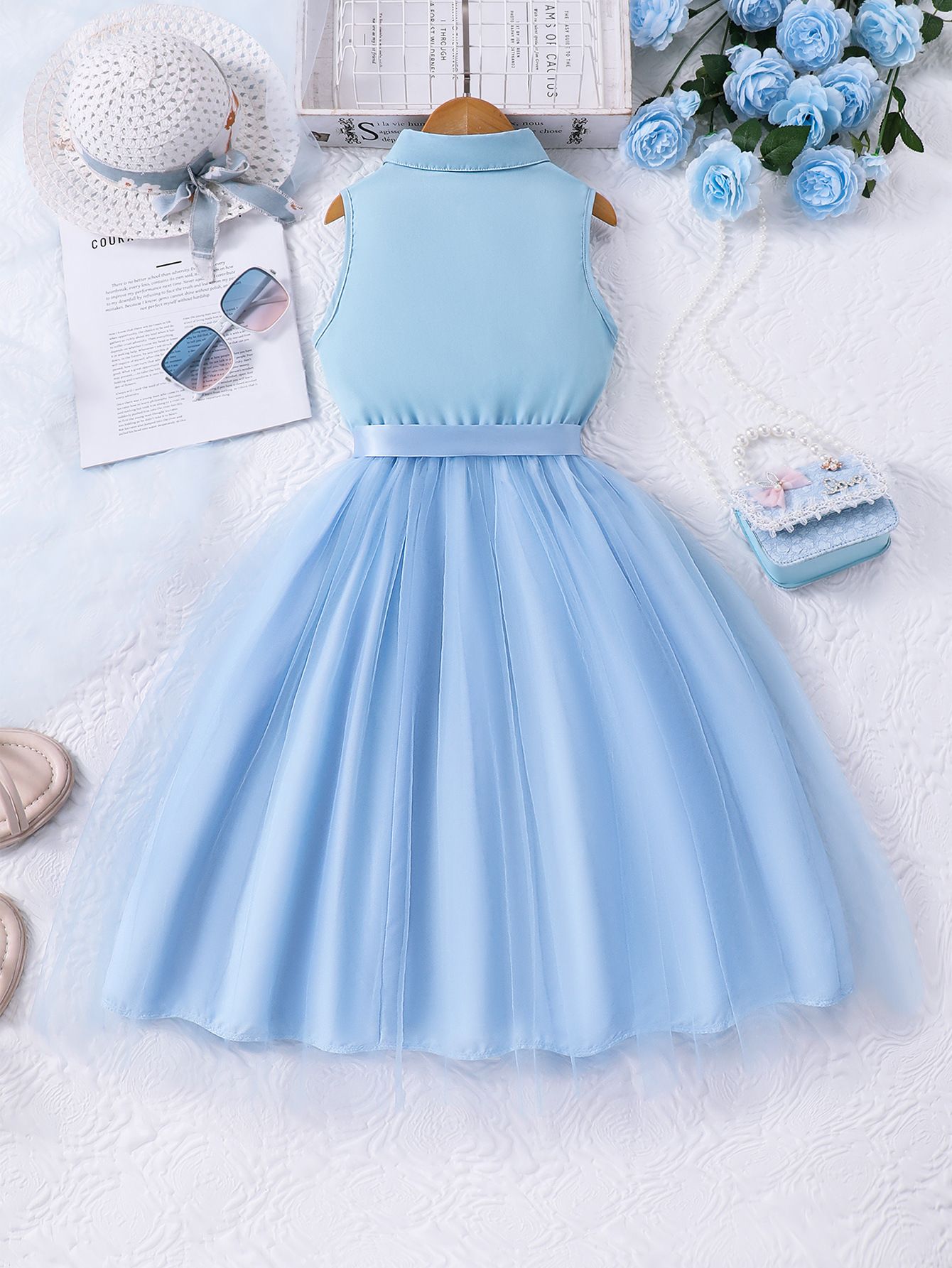 Girls' Clothing Dress Long Sleeved Lapel Fashionable New Style Including Woven Waistband Solid Color Dress Mesh Style High-end Style Dress Set