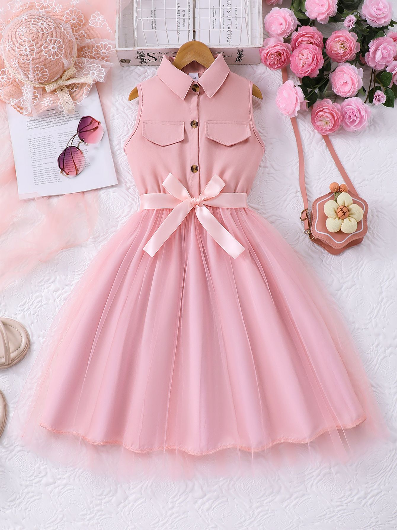 Girls' Clothing Dress Long Sleeved Lapel Fashionable New Style Including Woven Waistband Solid Color Dress Mesh Style High-end Style Dress Set