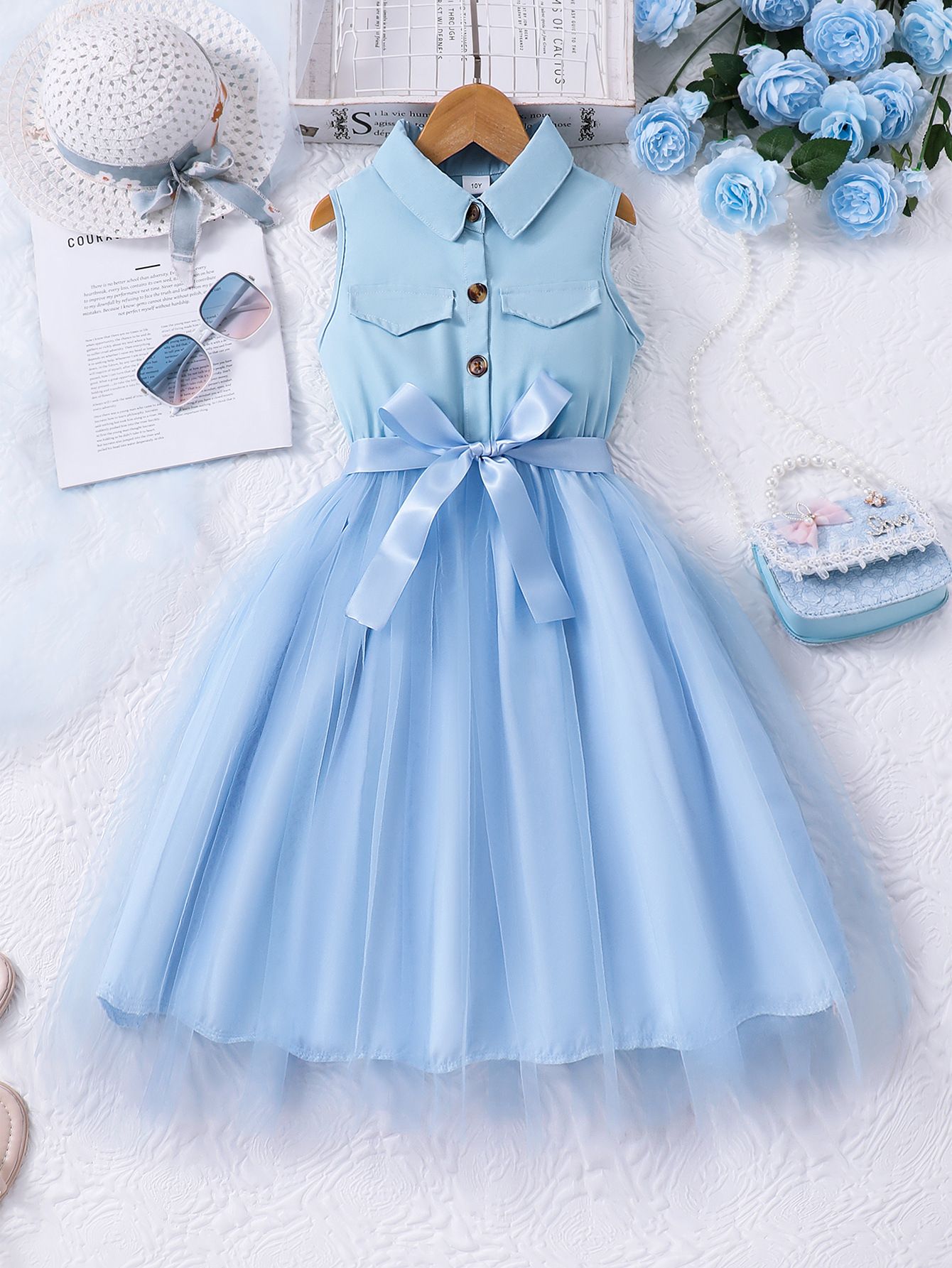Girls' Clothing Dress Long Sleeved Lapel Fashionable New Style Including Woven Waistband Solid Color Dress Mesh Style High-end Style Dress Set