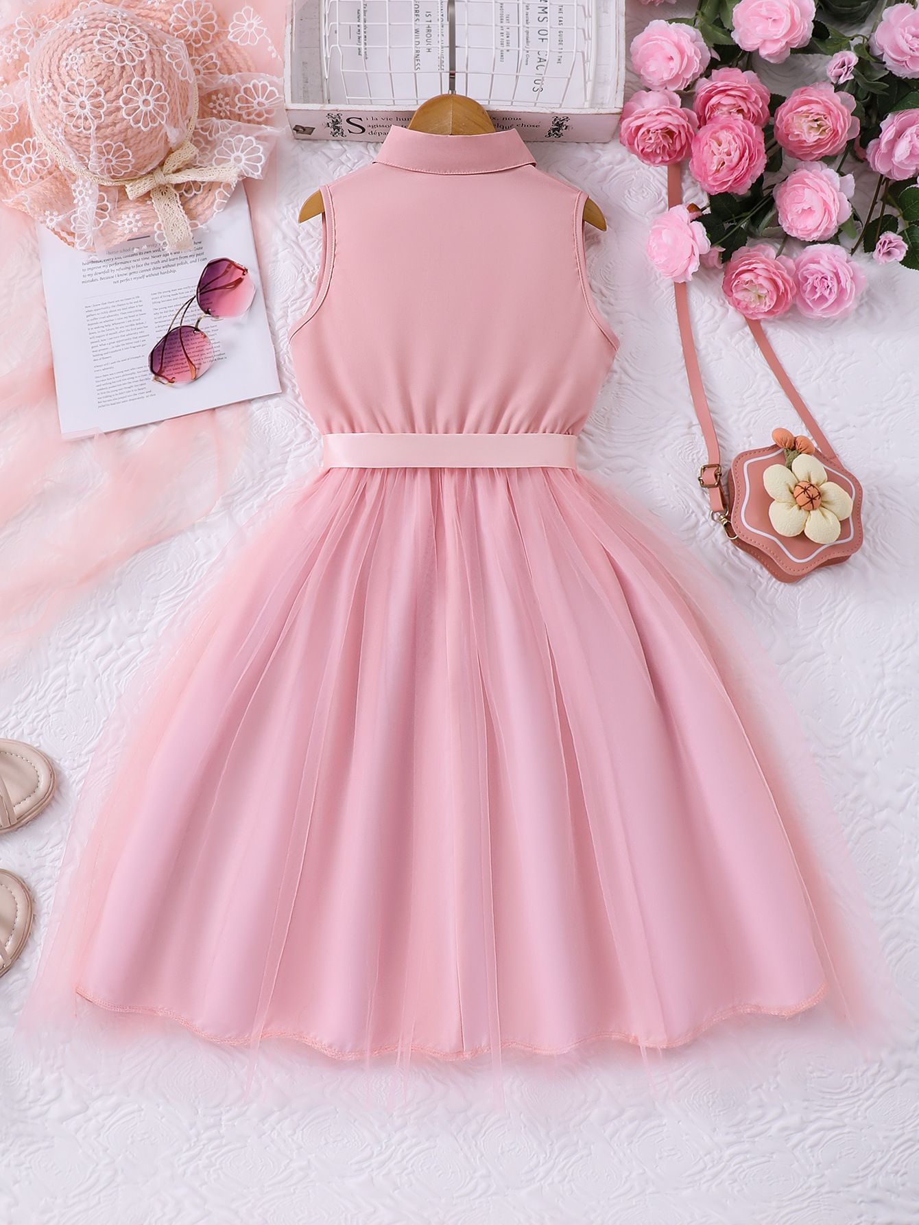 Girls' Clothing Dress Long Sleeved Lapel Fashionable New Style Including Woven Waistband Solid Color Dress Mesh Style High-end Style Dress Set