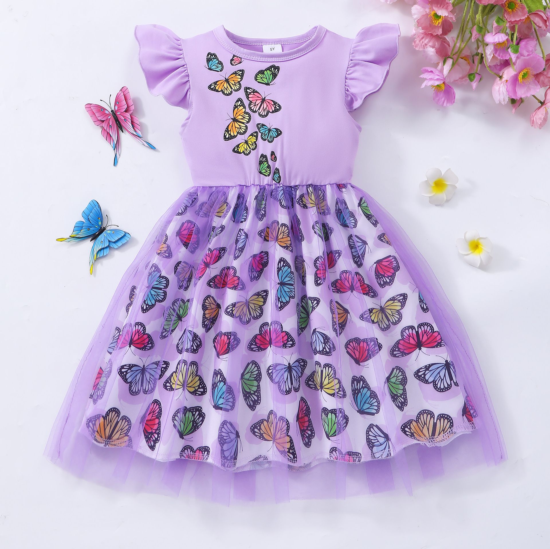Girls' Clothing Dress Fashionable New Style Lace Stitching Cute Animal Butterfly Birthday Gift Princess Dress Dress