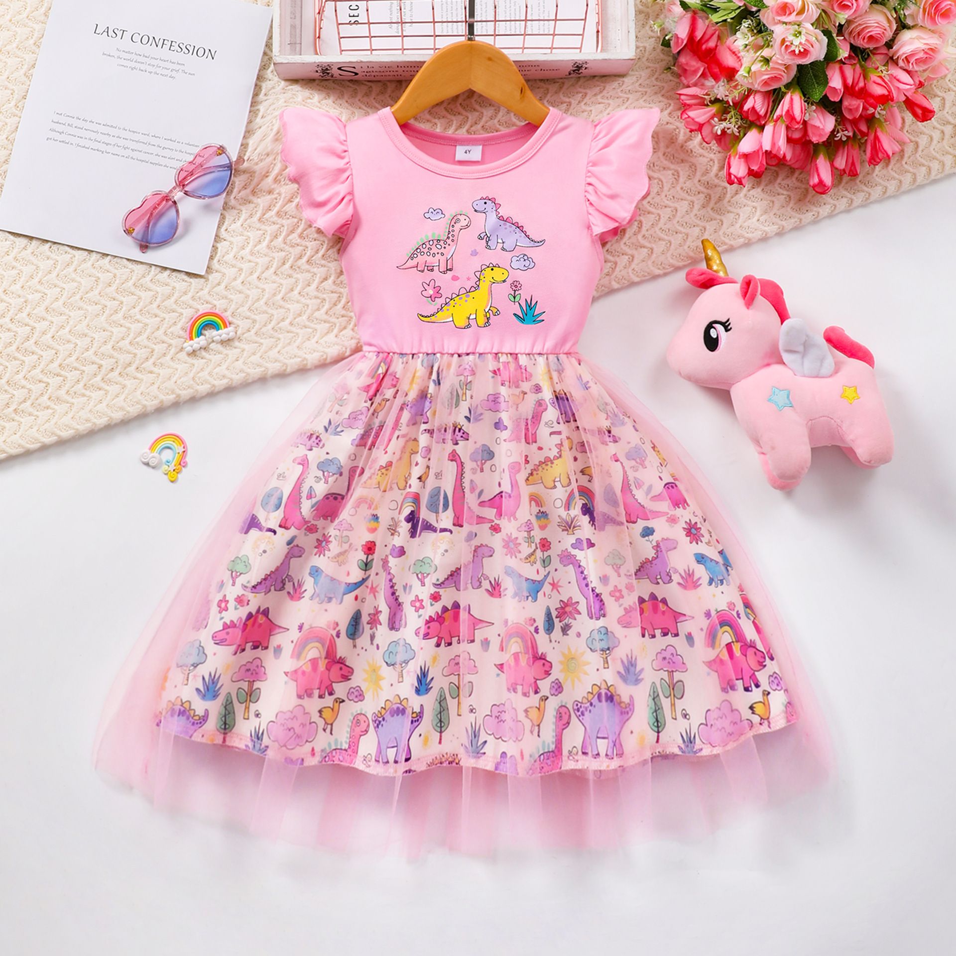 Girls' Clothing Dress Fashionable New Style Lace Stitching Cute Animal Butterfly Birthday Gift Princess Dress Dress