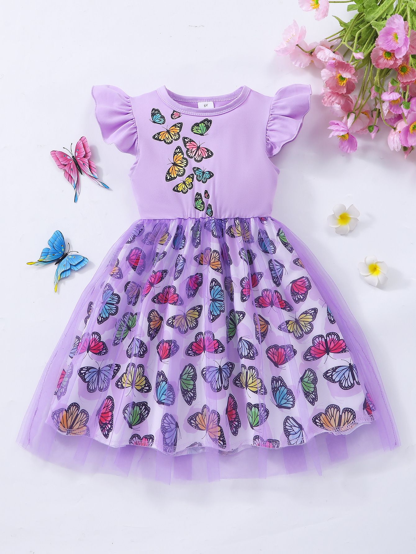 Girls' Clothing Dress Fashionable New Style Lace Stitching Cute Animal Butterfly Birthday Gift Princess Dress Dress