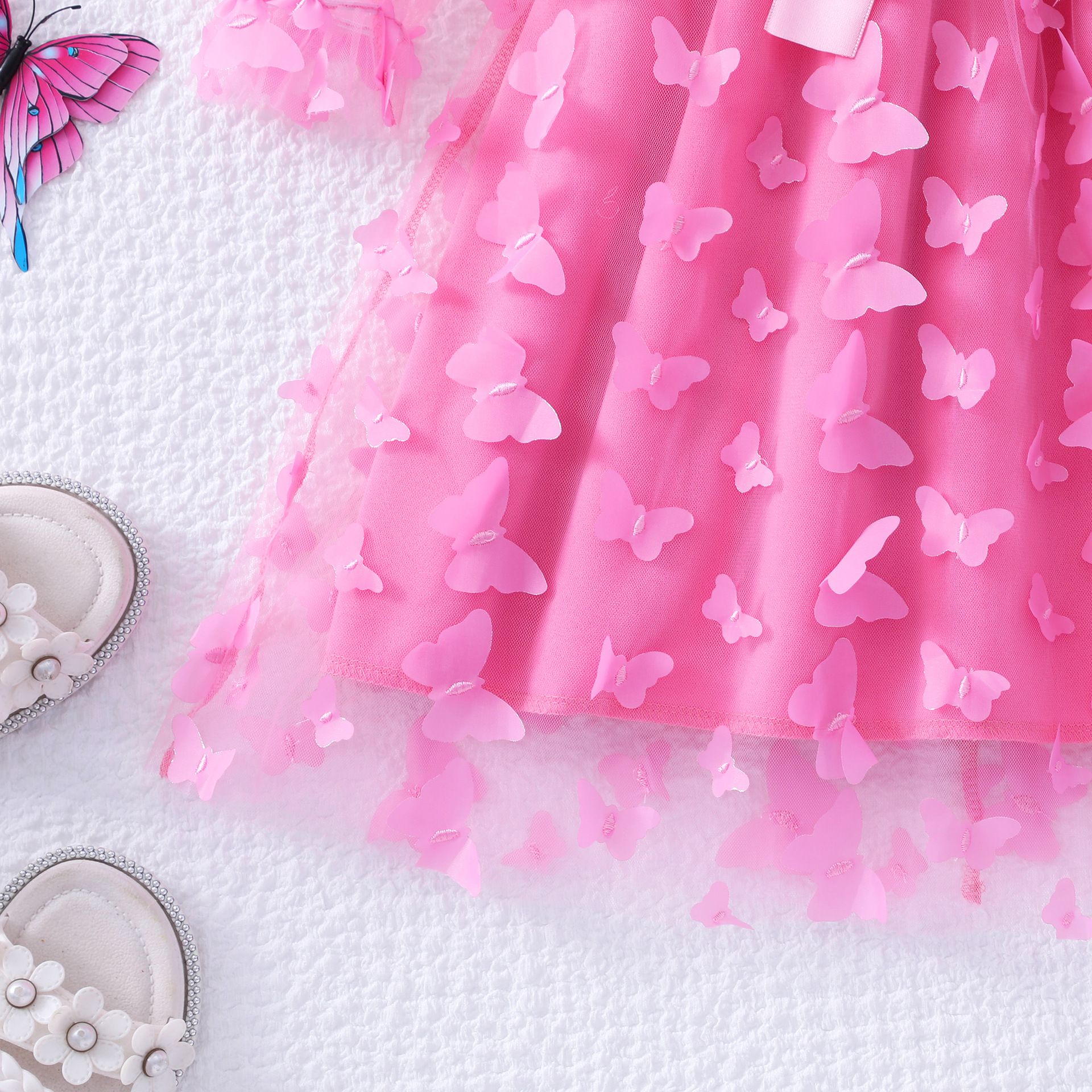 Girls' Clothing Dress Fashionable New Style Round Neck Long Sleeved Top Mesh Skirt Butterfly Silhouette Bow Birthday Gift Princess Dress Dress