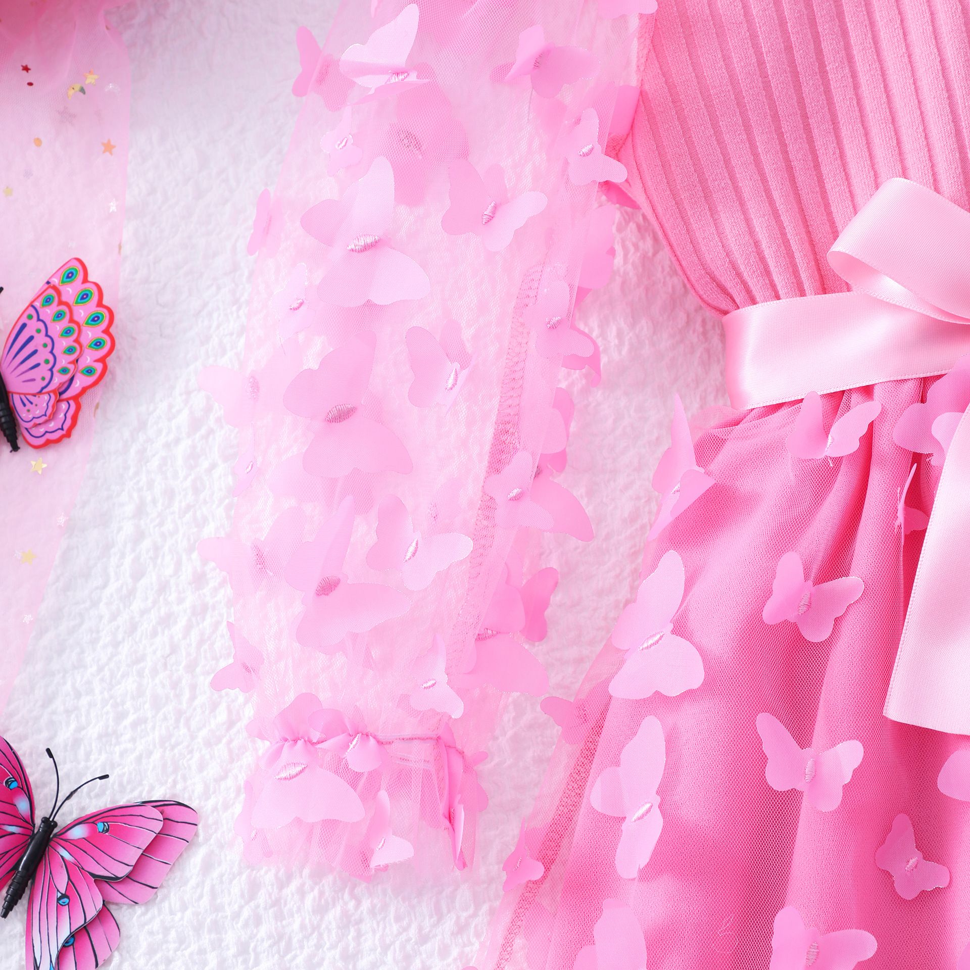 Girls' Clothing Dress Fashionable New Style Round Neck Long Sleeved Top Mesh Skirt Butterfly Silhouette Bow Birthday Gift Princess Dress Dress