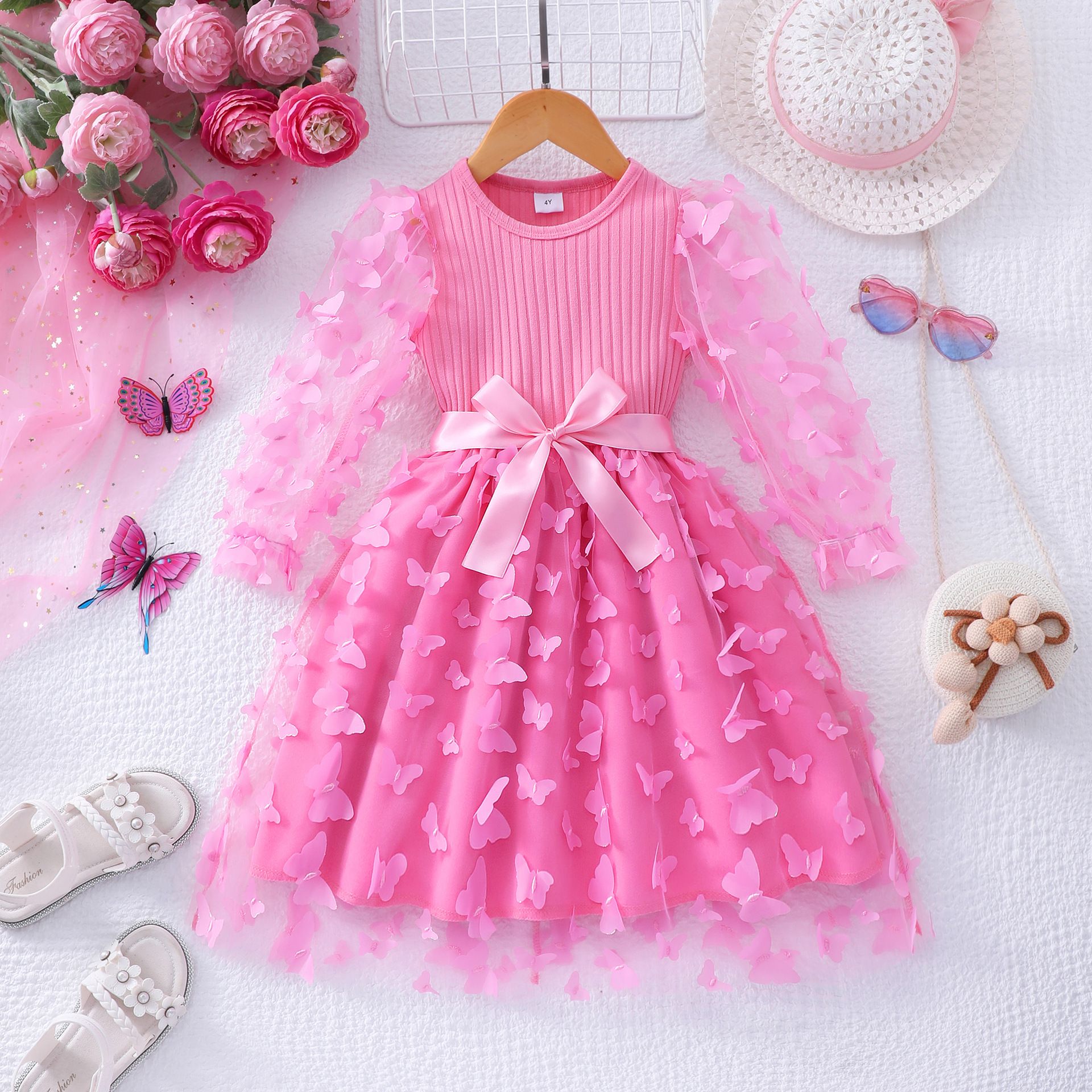 Girls' Clothing Dress Fashionable New Style Round Neck Long Sleeved Top Mesh Skirt Butterfly Silhouette Bow Birthday Gift Princess Dress Dress