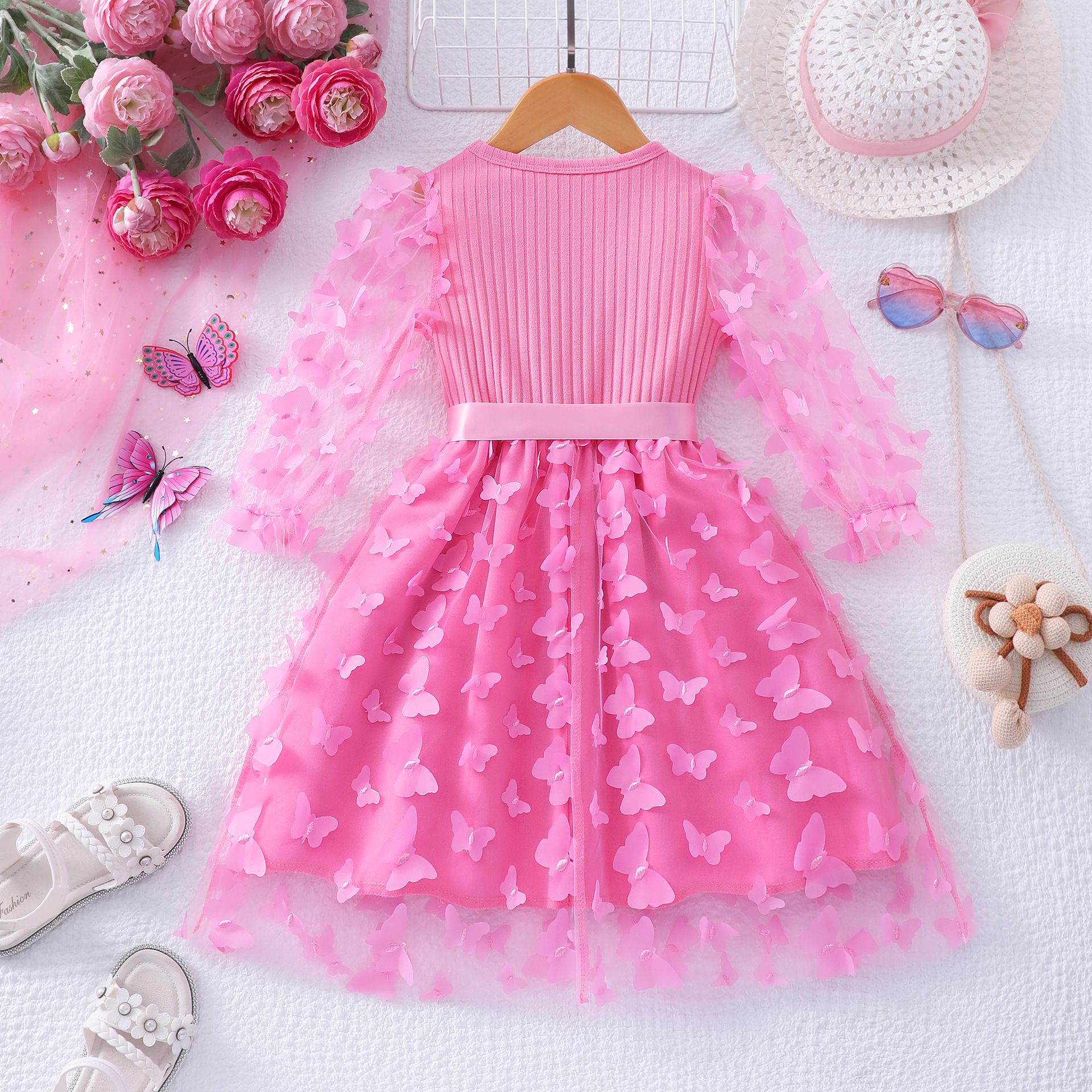 Girls' Clothing Dress Fashionable New Style Round Neck Long Sleeved Top Mesh Skirt Butterfly Silhouette Bow Birthday Gift Princess Dress Dress