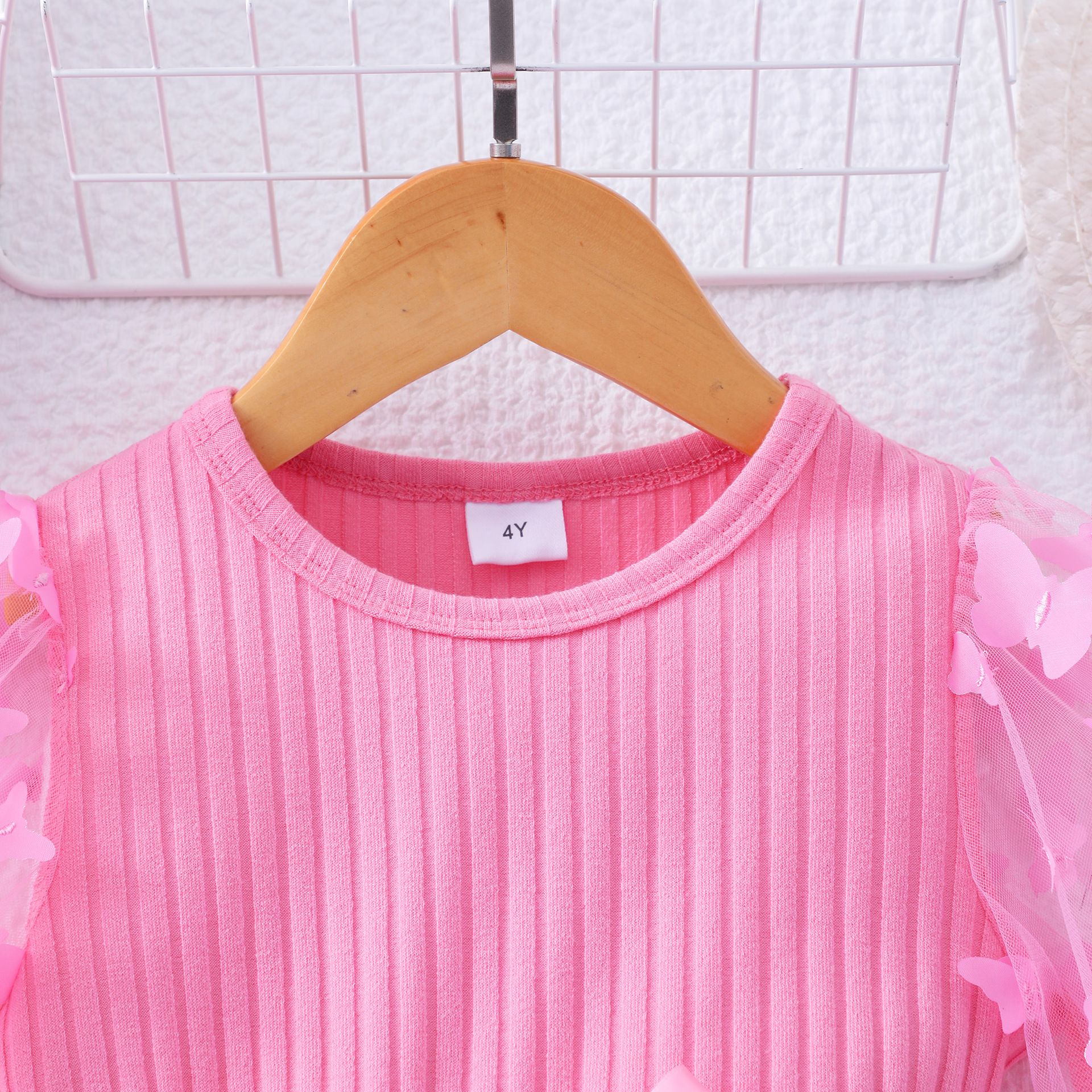 Girls' Clothing Dress Fashionable New Style Round Neck Long Sleeved Top Mesh Skirt Butterfly Silhouette Bow Birthday Gift Princess Dress Dress