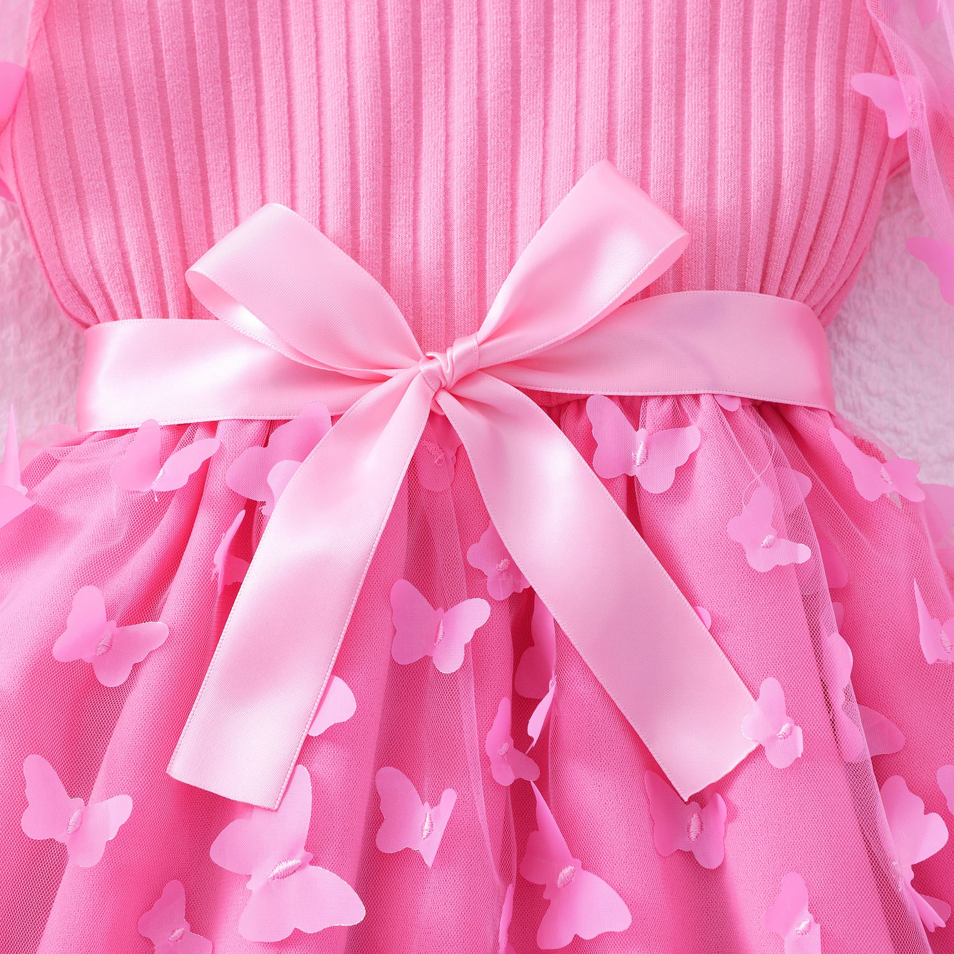 Girls' Clothing Dress Fashionable New Style Round Neck Long Sleeved Top Mesh Skirt Butterfly Silhouette Bow Birthday Gift Princess Dress Dress