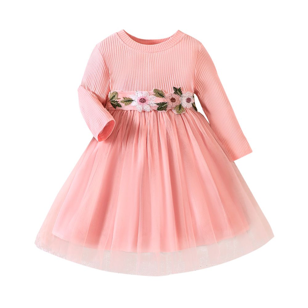 Girls' Clothing Children's Clothing Dress Long Sleeved Knitted Flower Long Sleeved Mesh Dress Fashionable New Style Princess Dress