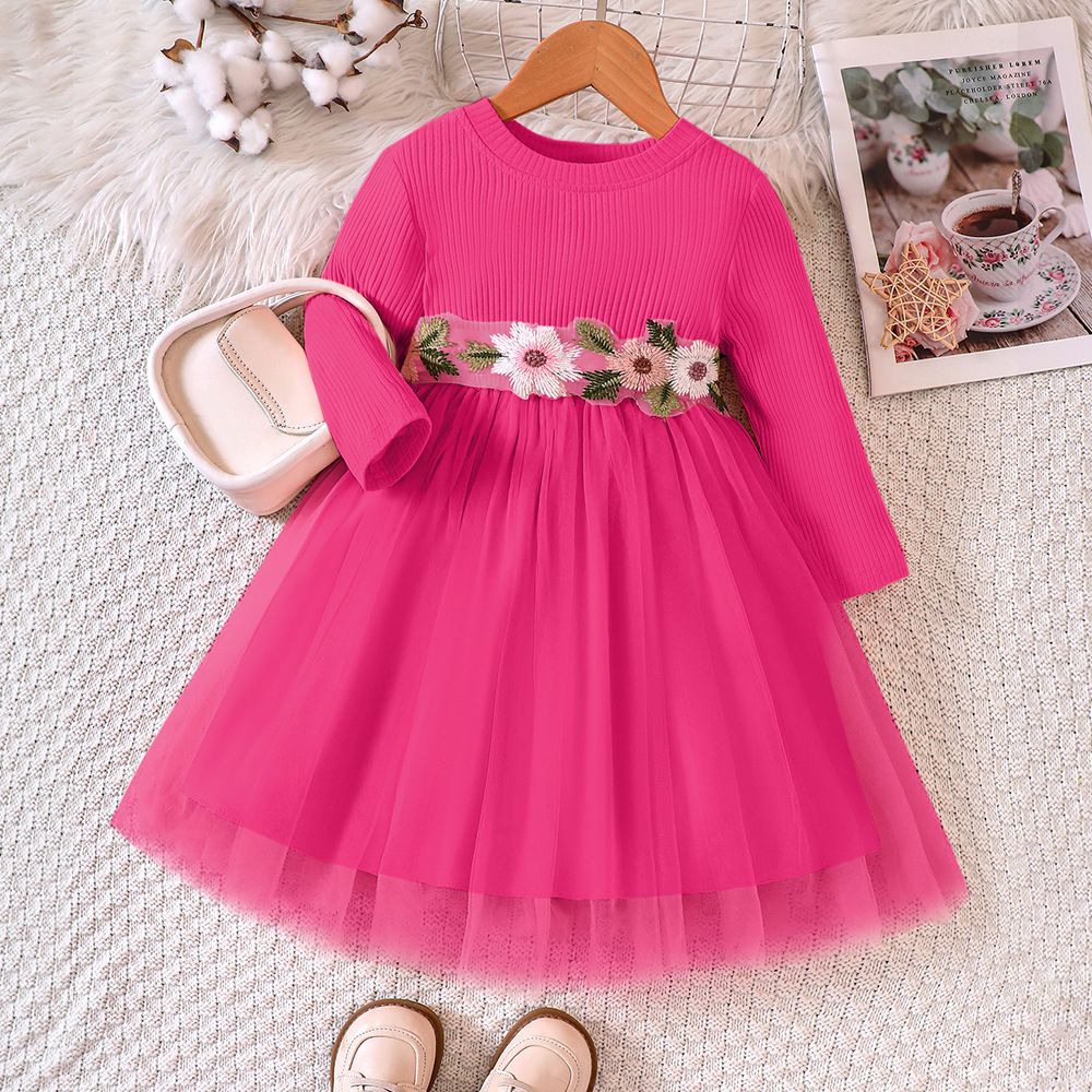 Girls' Clothing Children's Clothing Dress Long Sleeved Knitted Flower Long Sleeved Mesh Dress Fashionable New Style Princess Dress