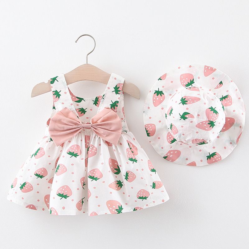 Baby Dress Girls' Clothing 2-piece Set Suitable For 1-4 Years Old Comes With A Hat Large Bow Cherry Pattern Strawberry Polka Dot Print Camisole Dress INS Style As A Gift