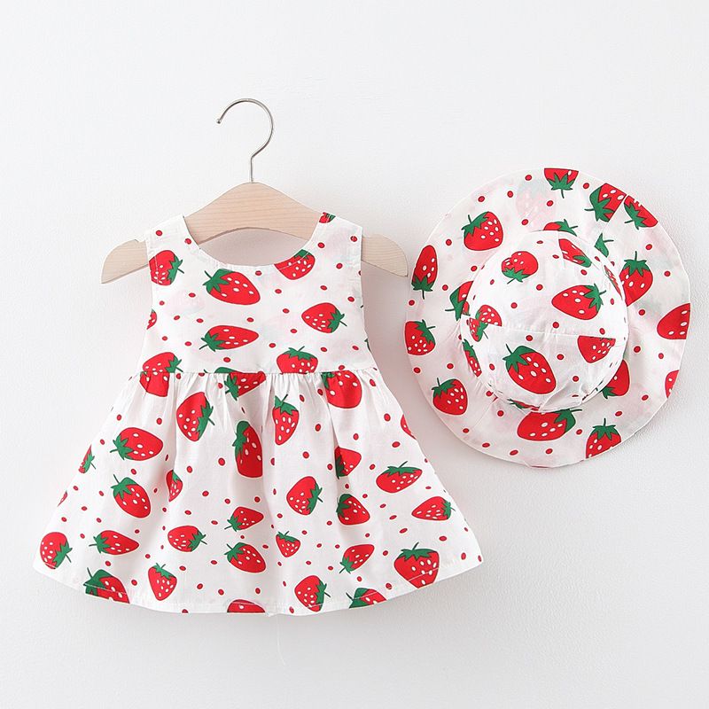 Baby Dress Girls' Clothing 2-piece Set Suitable For 1-4 Years Old Comes With A Hat Large Bow Cherry Pattern Strawberry Polka Dot Print Camisole Dress INS Style As A Gift