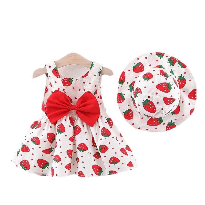 Baby Dress Girls' Clothing 2-piece Set Suitable For 1-4 Years Old Comes With A Hat Large Bow Cherry Pattern Strawberry Polka Dot Print Camisole Dress INS Style As A Gift