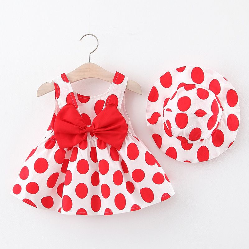 Baby Dress Girls' Clothing 2-piece Set Suitable For 1-4 Years Old Comes With A Hat Large Bow Cherry Pattern Strawberry Polka Dot Print Camisole Dress INS Style As A Gift