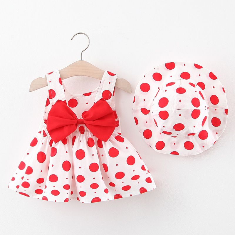 Baby Dress Girls' Clothing 2-piece Set Suitable For 1-4 Years Old Comes With A Hat Large Bow Cherry Pattern Strawberry Polka Dot Print Camisole Dress INS Style As A Gift
