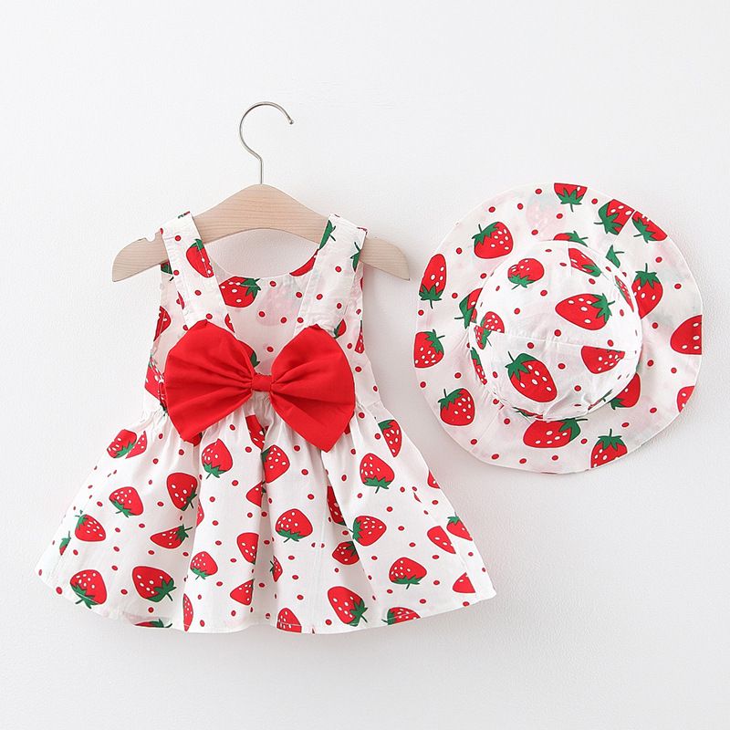 Baby Dress Girls' Clothing 2-piece Set Suitable For 1-4 Years Old Comes With A Hat Large Bow Cherry Pattern Strawberry Polka Dot Print Camisole Dress INS Style As A Gift