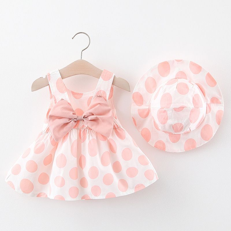 Baby Dress Girls' Clothing 2-piece Set Suitable For 1-4 Years Old Comes With A Hat Large Bow Cherry Pattern Strawberry Polka Dot Print Camisole Dress INS Style As A Gift