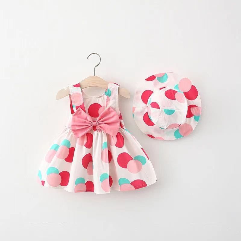 Baby Dress Girls' Clothing 2-piece Set Suitable For 1-4 Years Old Comes With A Hat Large Bow Cherry Pattern Strawberry Polka Dot Print Camisole Dress INS Style As A Gift
