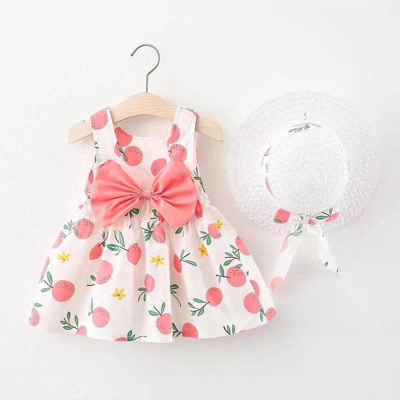 Baby Dress Girls' Clothing 2-piece Set Suitable For 1-4 Years Old Comes With A Hat Large Bow Cherry Pattern Strawberry Polka Dot Print Camisole Dress INS Style As A Gift