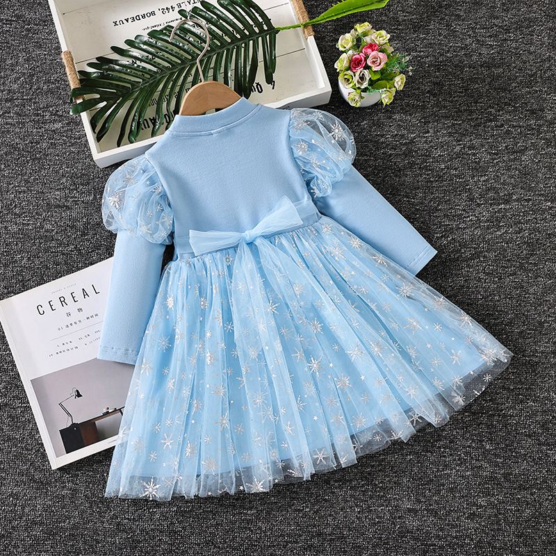 Girl Elsa Princess Dress Bow Belt Frozen Long Sleeved Dress Round Neck Mesh Pleated Skirt Heart Pattern Birthday Gift Design Sense INS Style Sparkling Stars