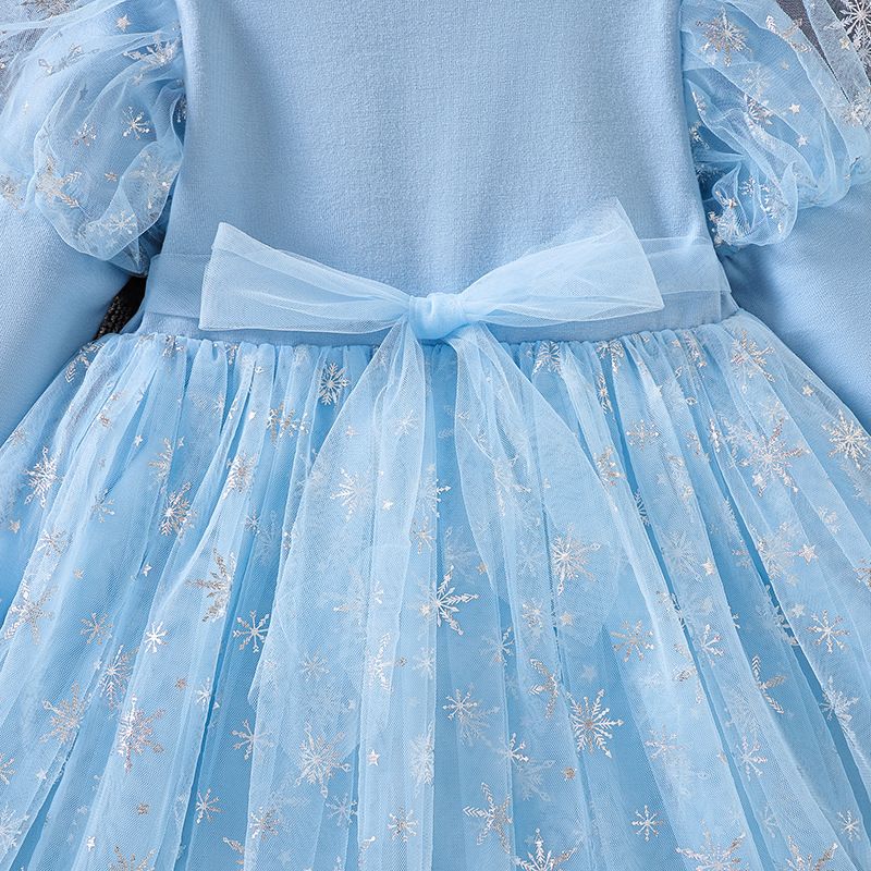 Girl Elsa Princess Dress Bow Belt Frozen Long Sleeved Dress Round Neck Mesh Pleated Skirt Heart Pattern Birthday Gift Design Sense INS Style Sparkling Stars