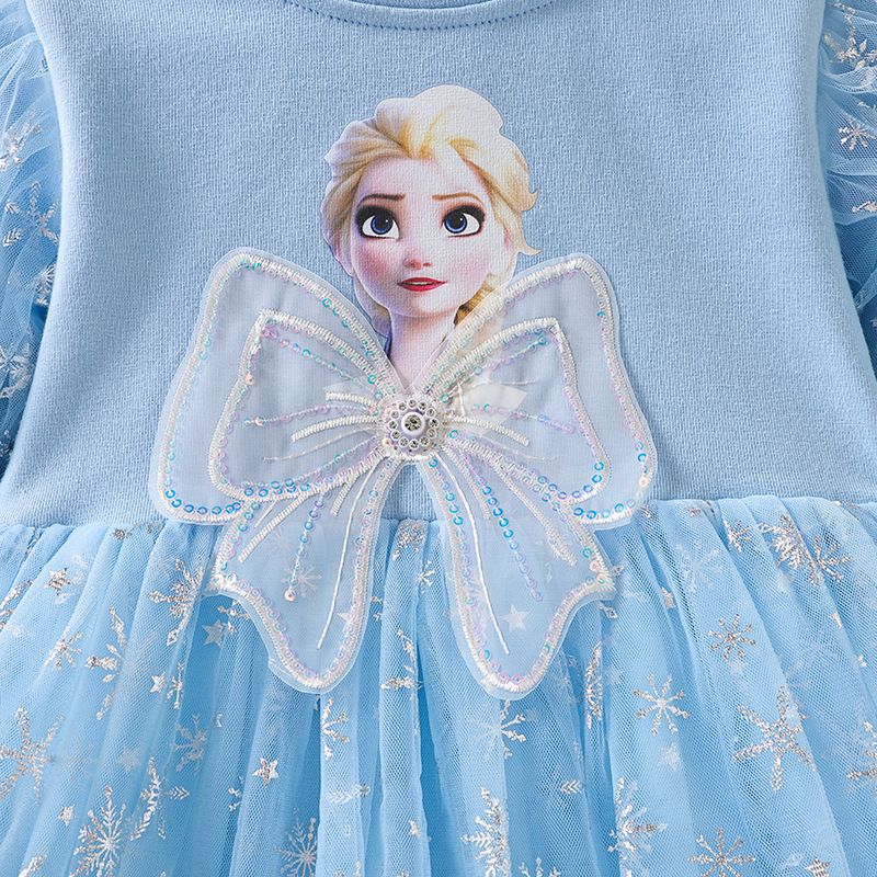 Girl Elsa Princess Dress Bow Belt Frozen Long Sleeved Dress Round Neck Mesh Pleated Skirt Heart Pattern Birthday Gift Design Sense INS Style Sparkling Stars